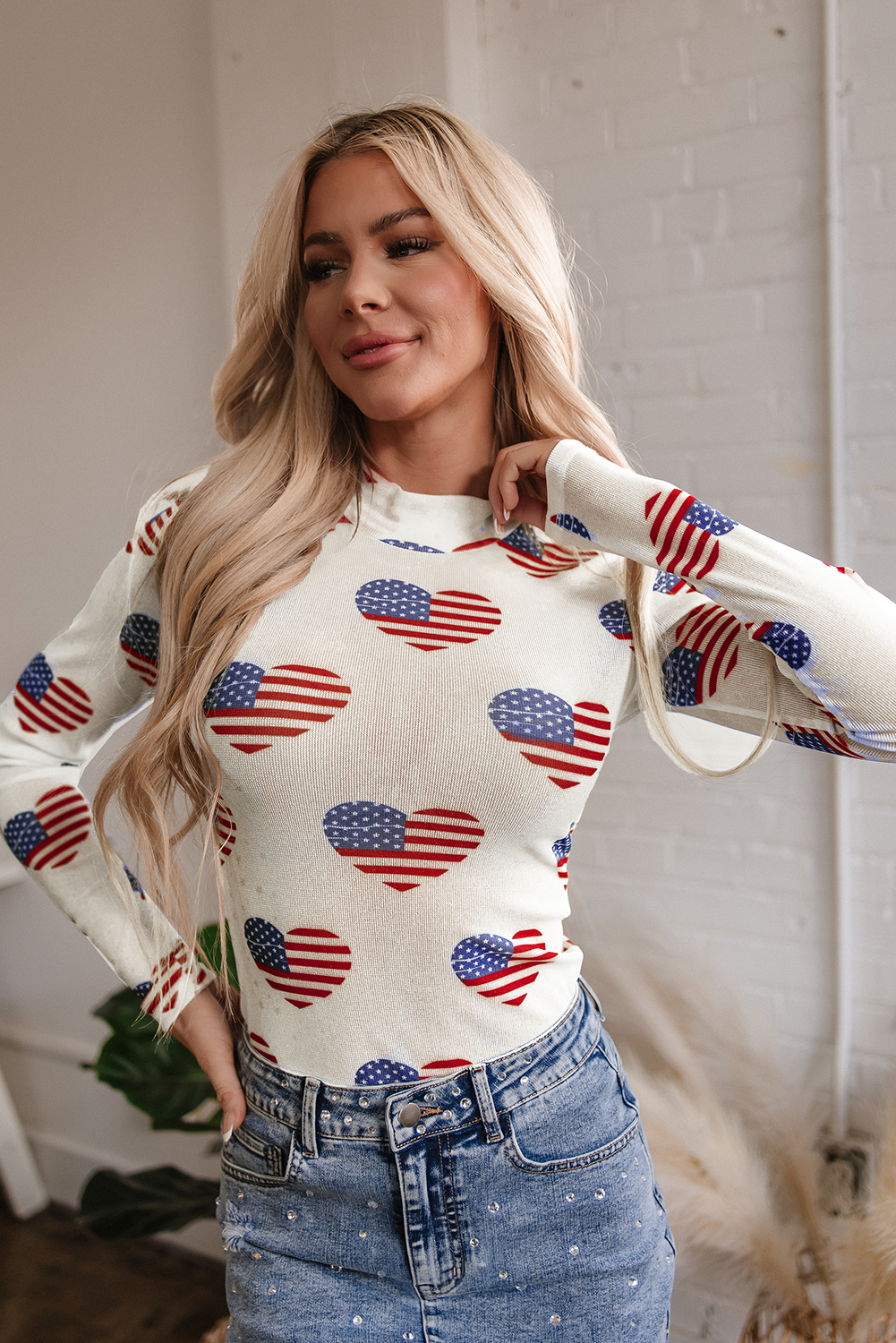 White Americana Glitter Mesh Long Sleeve Bodysuit - loveforevers