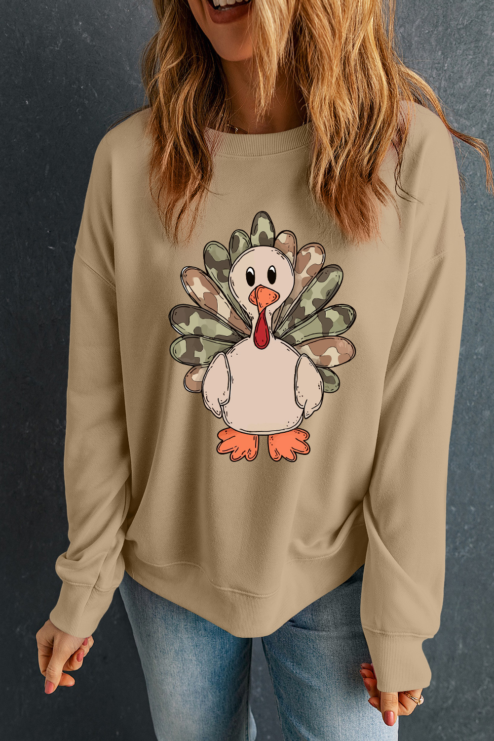 Khaki Camouflage Turkey Print Thanksgiving Fashion Graphic Sweatshirt - loveforevers