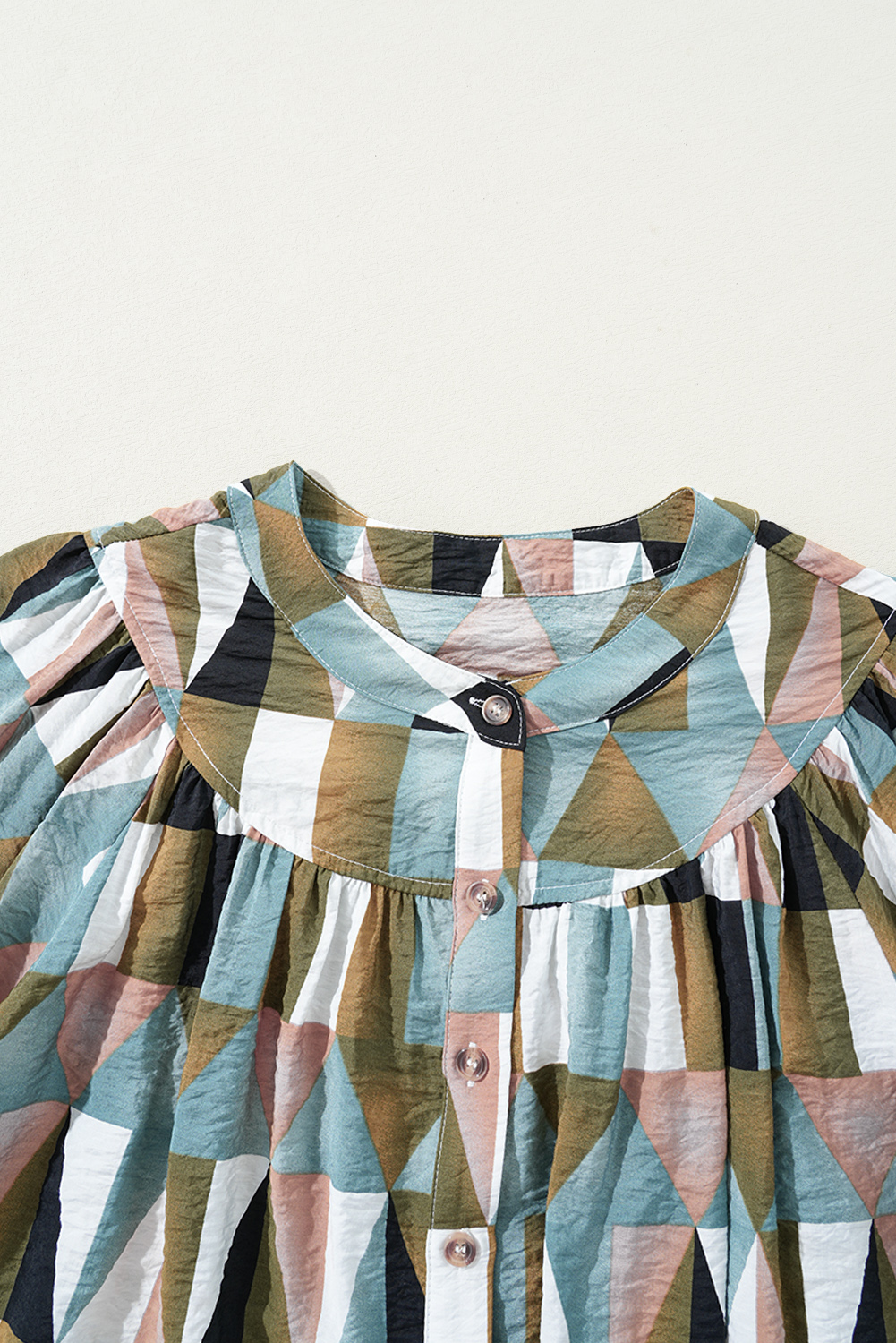 Green Geometric Print Buttoned Balloon Sleeve Loose Fit Shirt - loveforevers