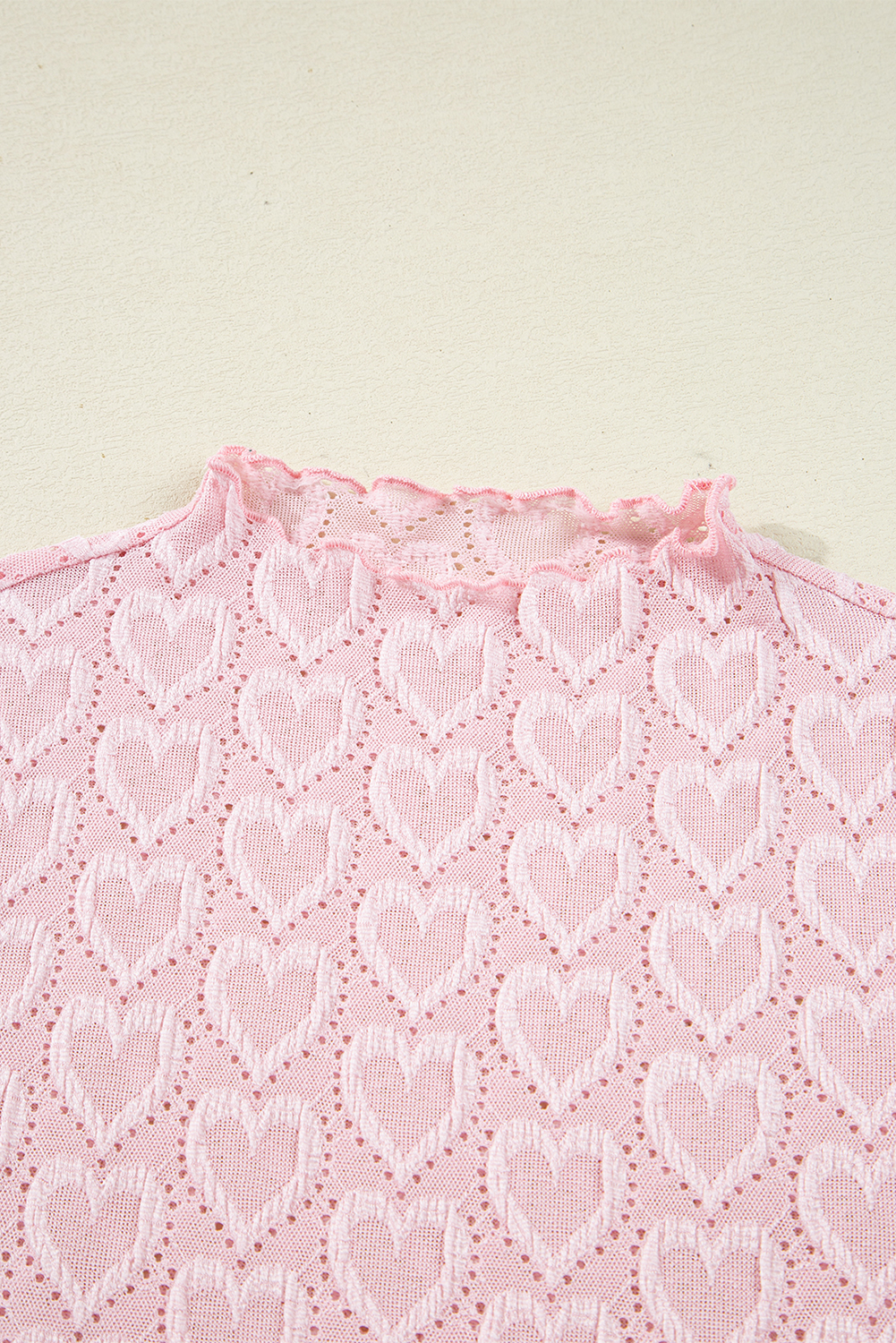 Gossamer Pink Heart Jacquard Flare Sleeve Mock Neck Fitted Top - loveforevers