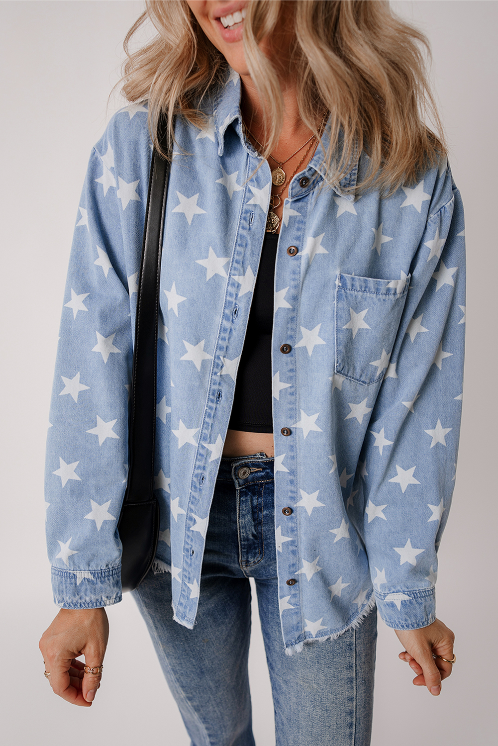 Sky Blue Star Print Light Wash Raw Hem Denim Jacket - loveforevers