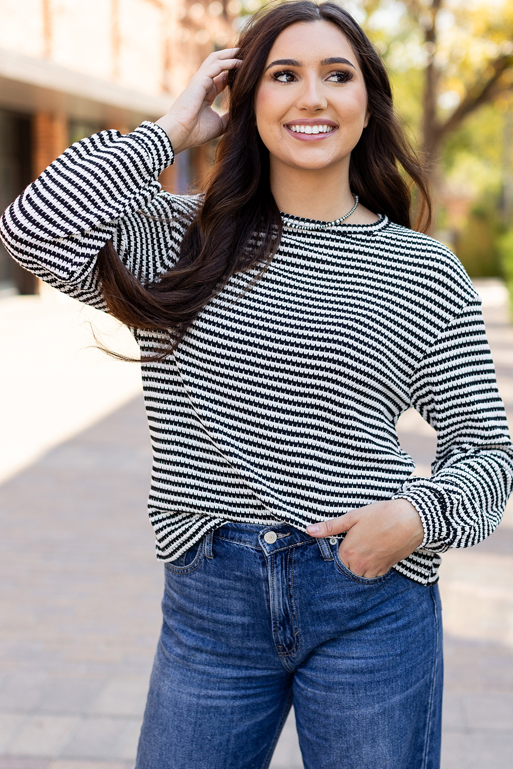 Black Stripe Round Neck Drop Shoulder Long Sleeve Top - loveforevers