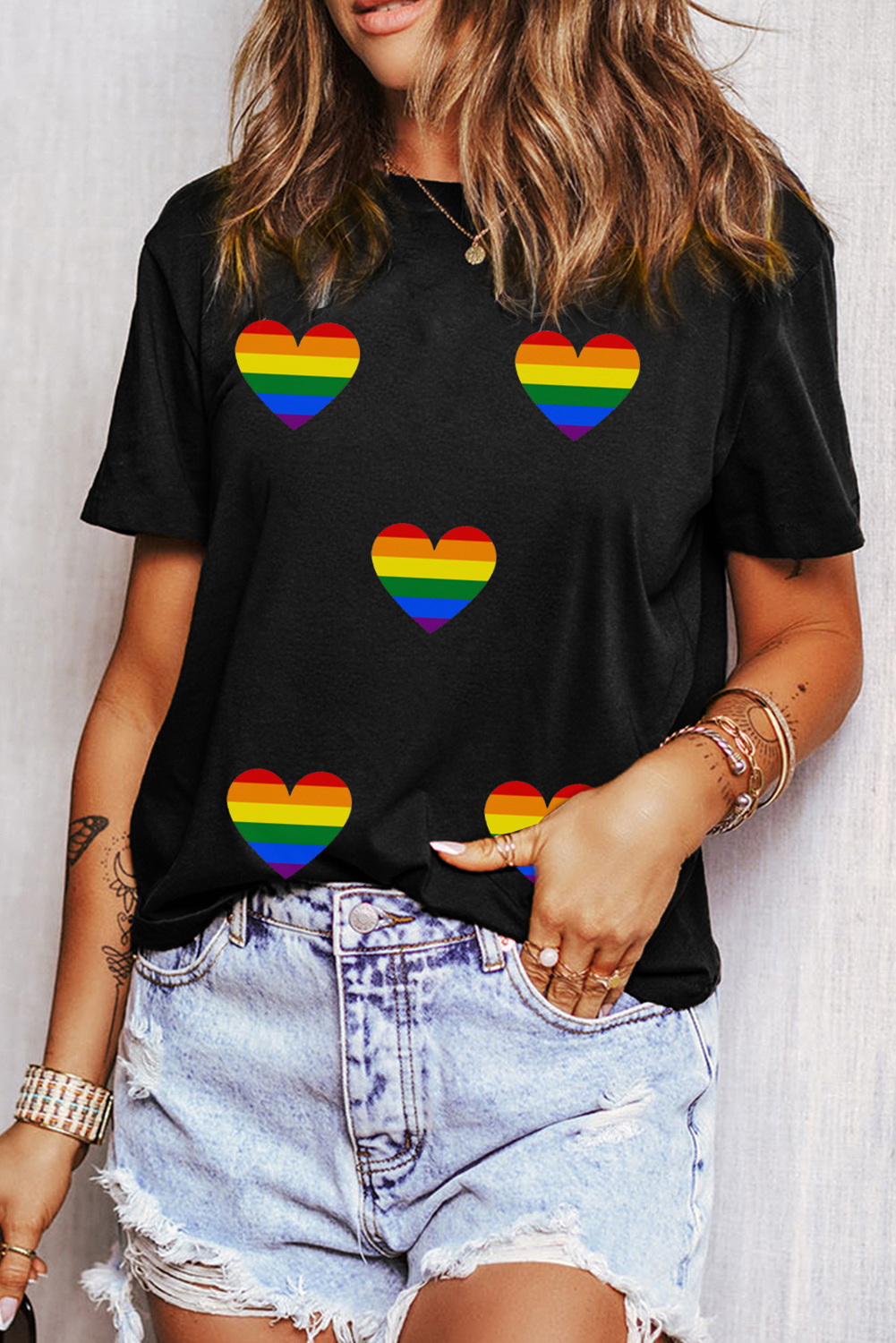 Black Heart Print Crew Neck Chic T Shirt - loveforevers