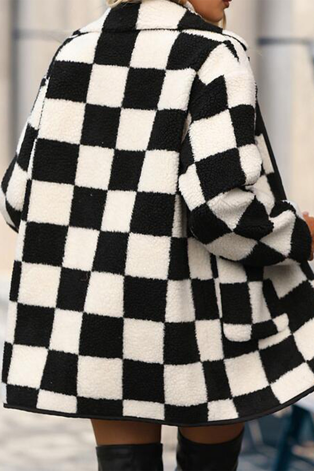 Black Checkered Side Pockets Collared Buttoned Fleece Jacket - loveforevers
