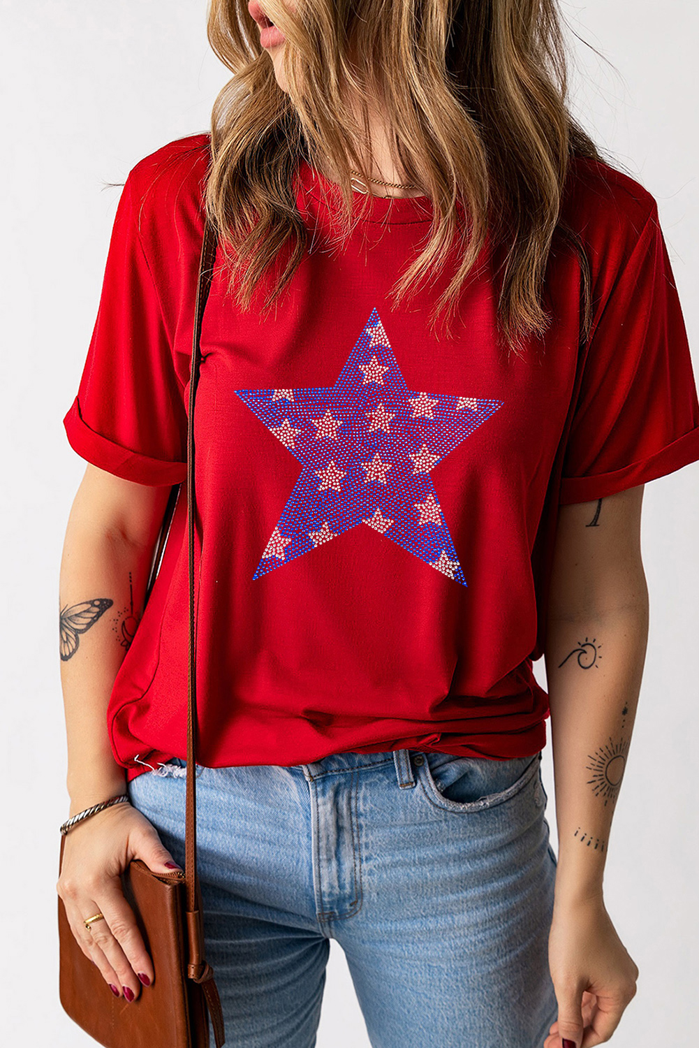 Red Rhinestone Star Pattern Independent Day T Shirt - loveforevers