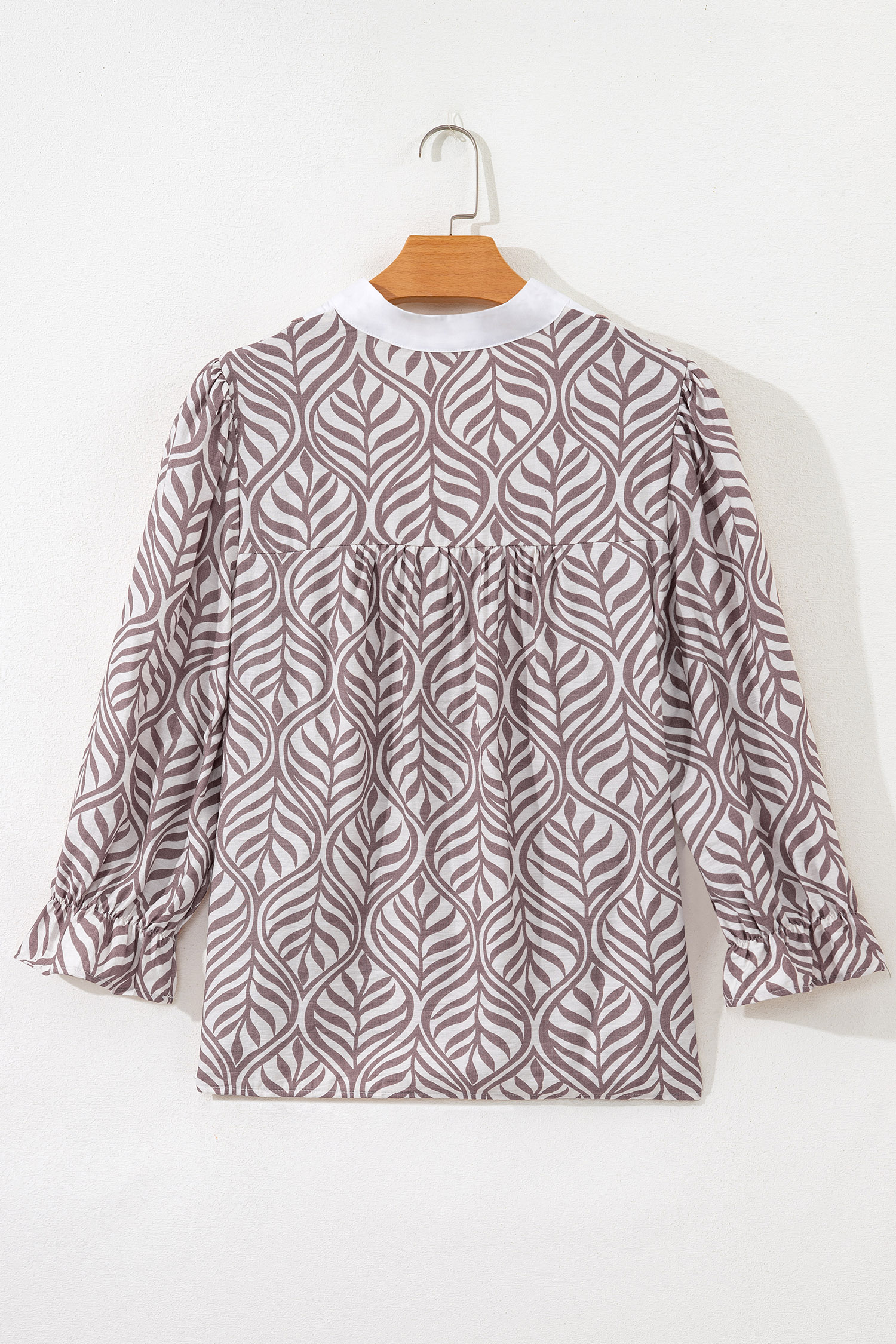 Brown Leaf Print Standing Collar Puff Sleeve Top - loveforevers