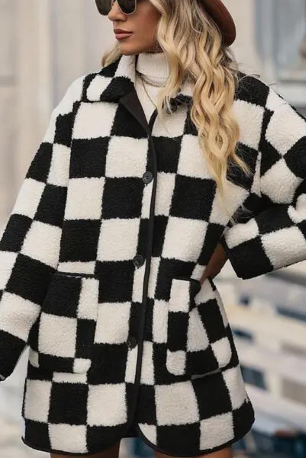 Black Checkered Side Pockets Collared Buttoned Fleece Jacket - loveforevers