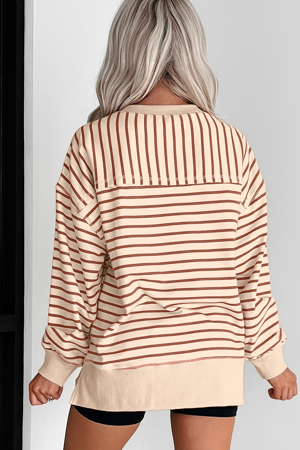 Khaki Stripe Ribbed Band Seam Detail Baggy Sweatshirt - loveforevers