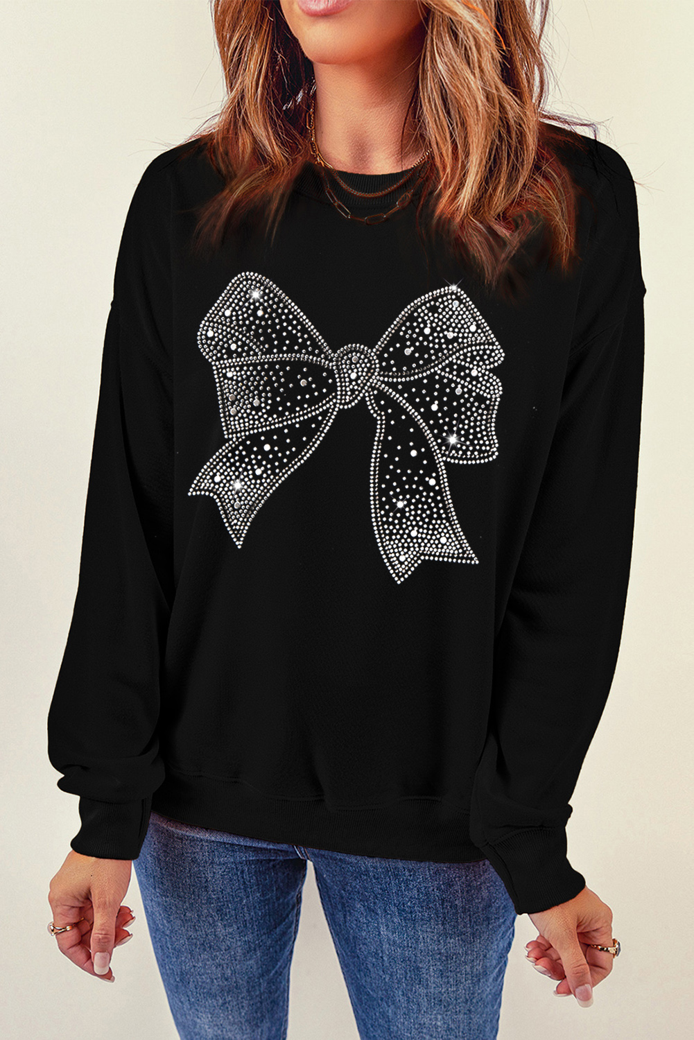 Black Rhinestone Bowknot Graphic Crewneck Pullover Sweatshirt - loveforevers