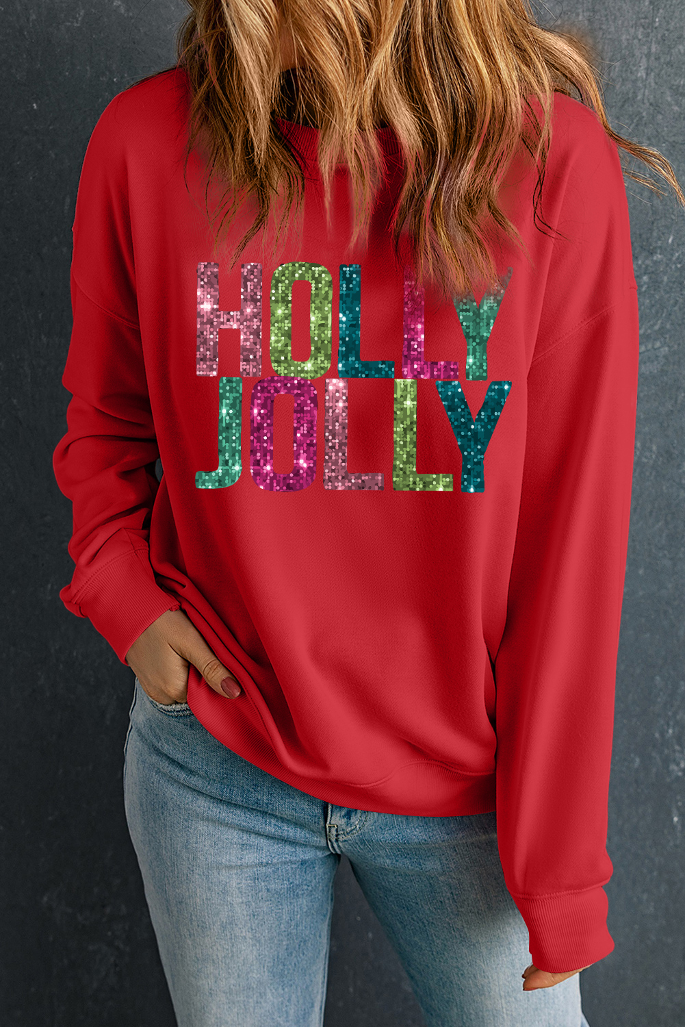 Red Heat Transfer HOLLY JOLLY Printing Christmas Pullover Sweatshirt - loveforevers