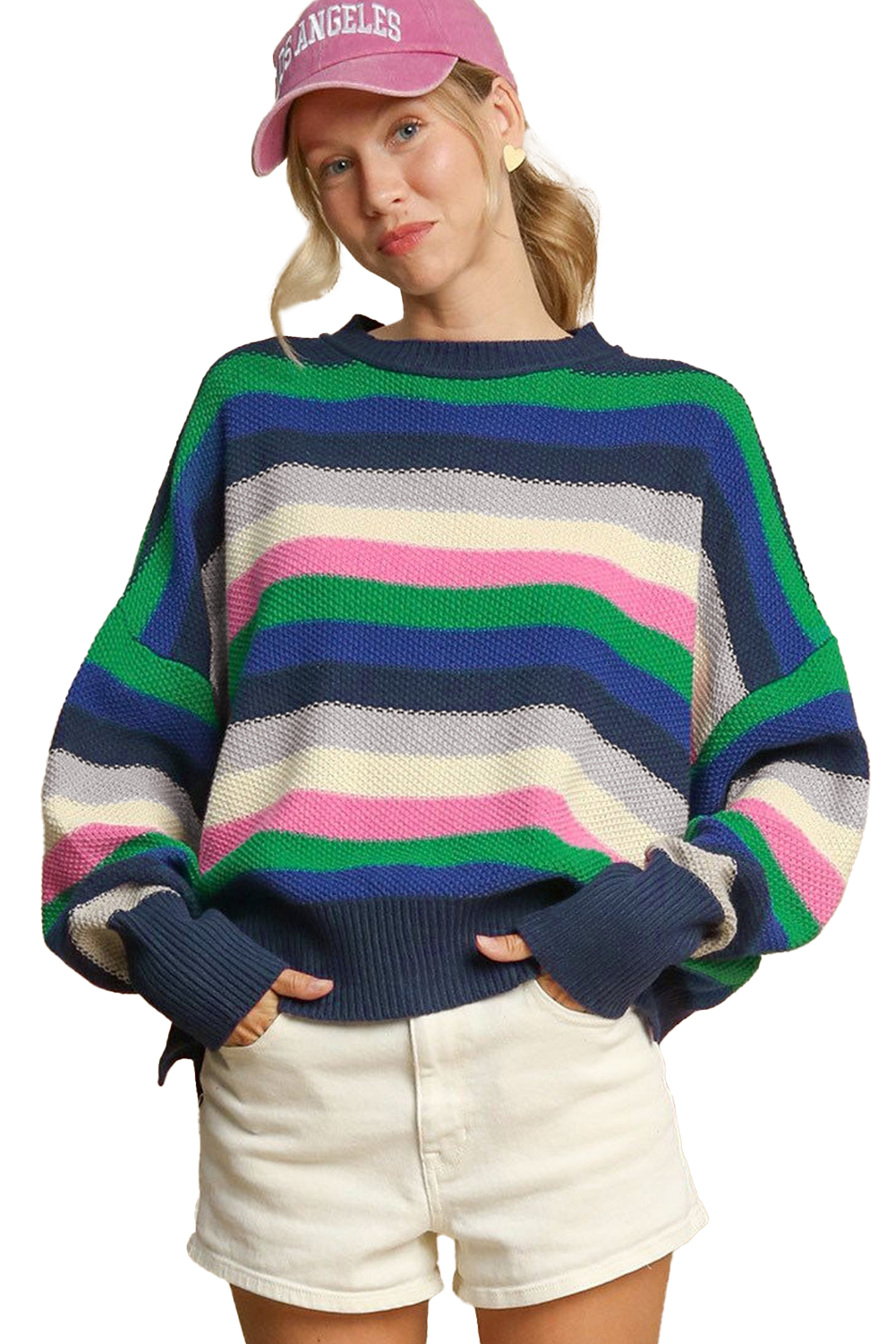 Bright Green Rainbow Striped Crew Neck Drop Shoulder Sweater - loveforevers