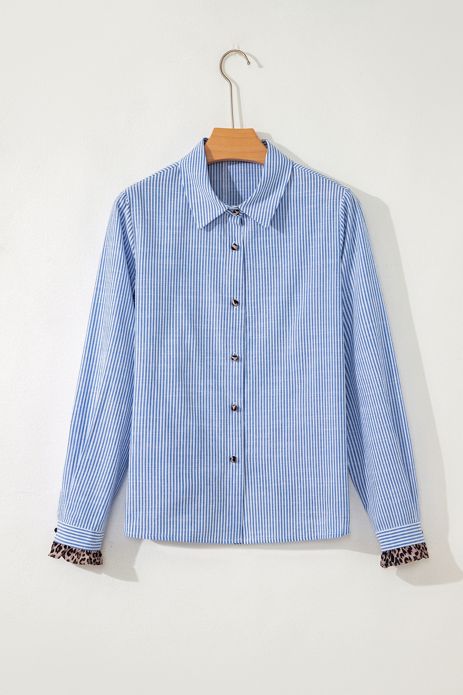 Sky Blue Stripe Contrast Frilled Leopard Trim Casual Long Sleeve Shirt - loveforevers