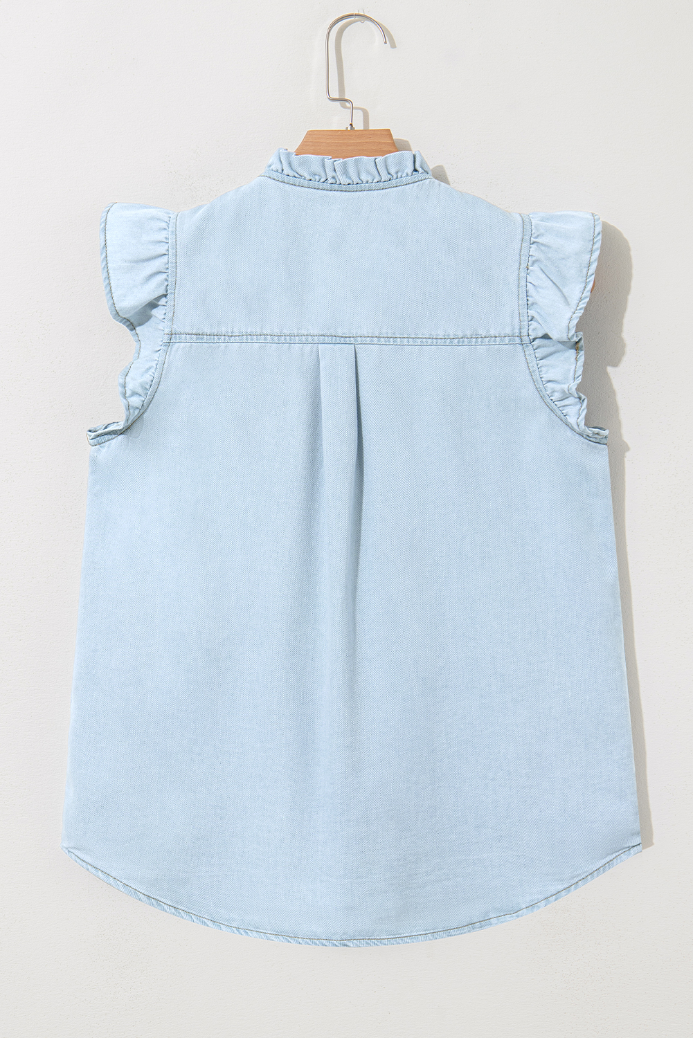 Beau Blue Mineral Wash Frilled Button Up Denim Shirt - loveforevers