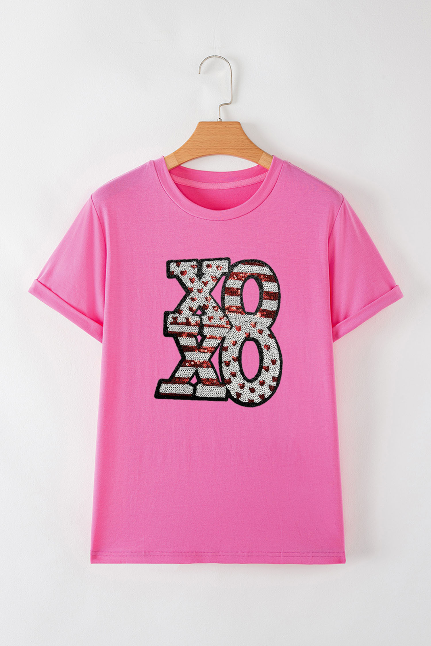 Sachet Pink Sequined XOXO Graphic Valentine T Shirt - loveforevers