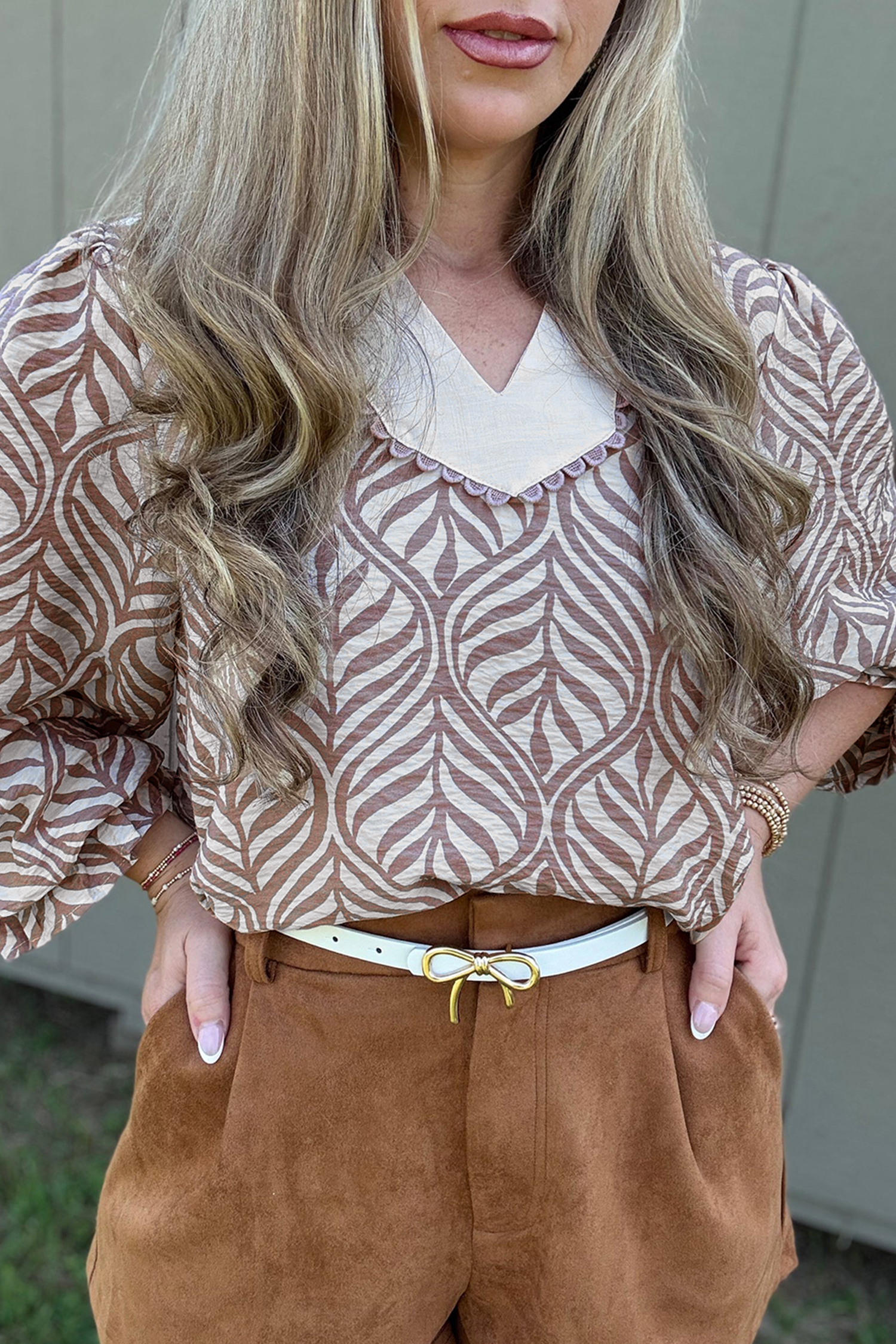 Brown Leaf Print Standing Collar Puff Sleeve Top - loveforevers