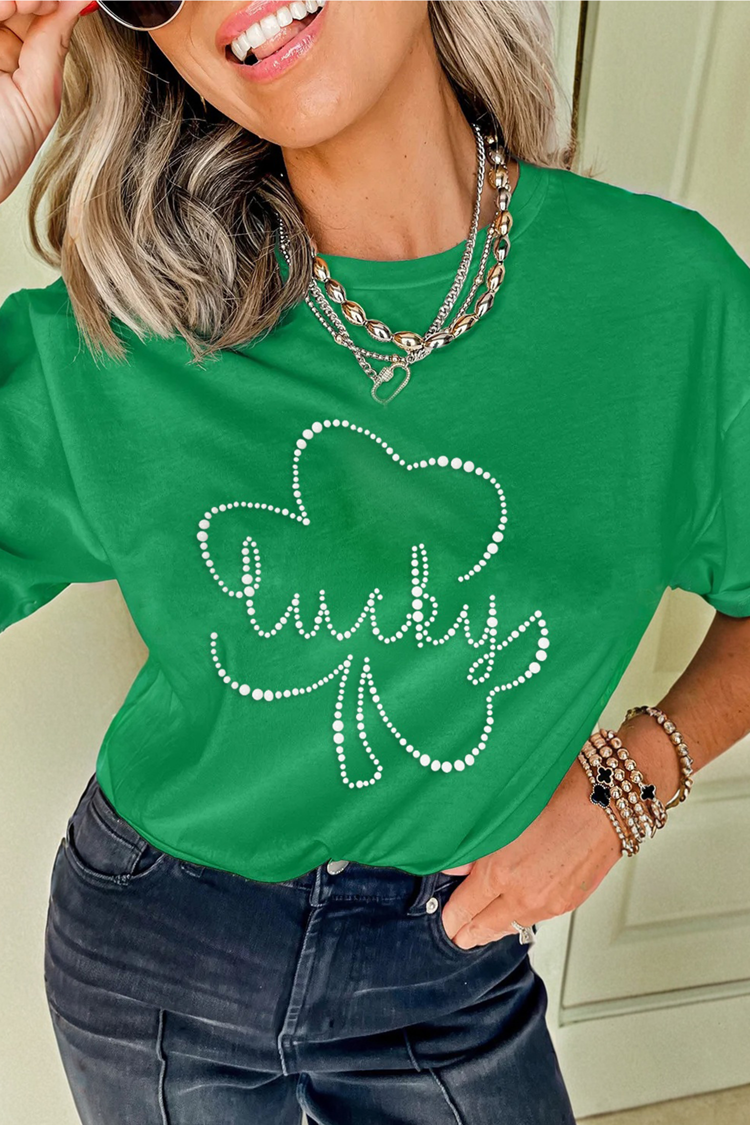 Bright Green Ceramic Rhinestone Lucky Clover Relaxed Round Neck Tee - loveforevers