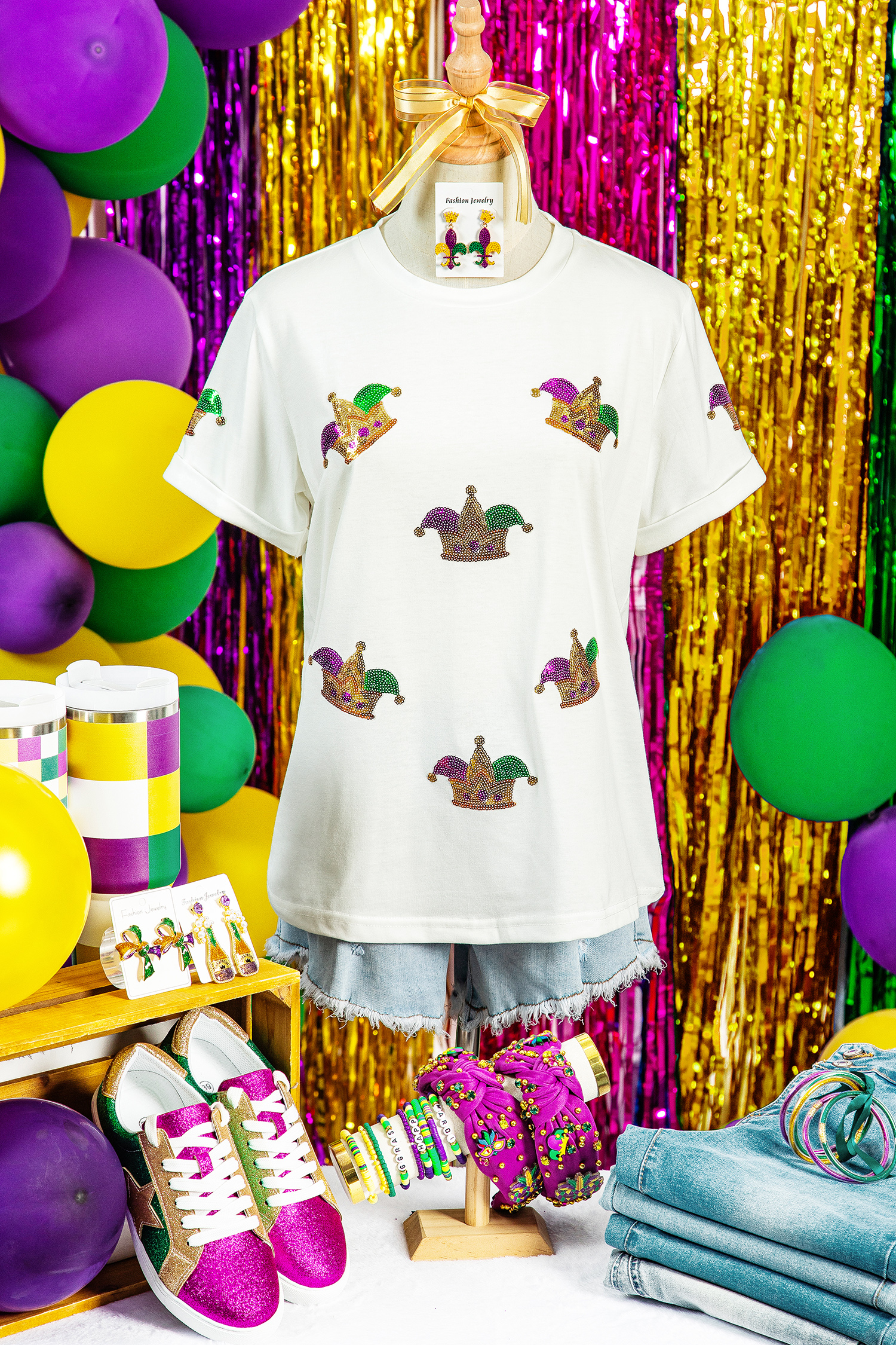White Mardi Gras Sequin Crown Womens Casual T Shirt - loveforevers