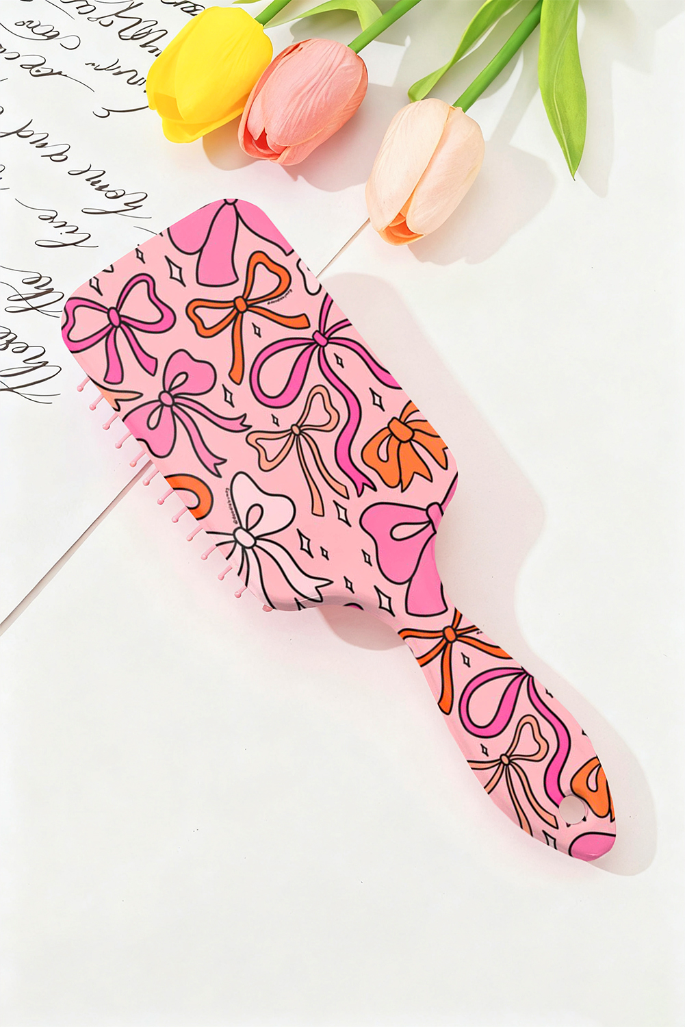 Peach Blossom Starry Ribbon Bow Print Air Cushion Comb - loveforevers