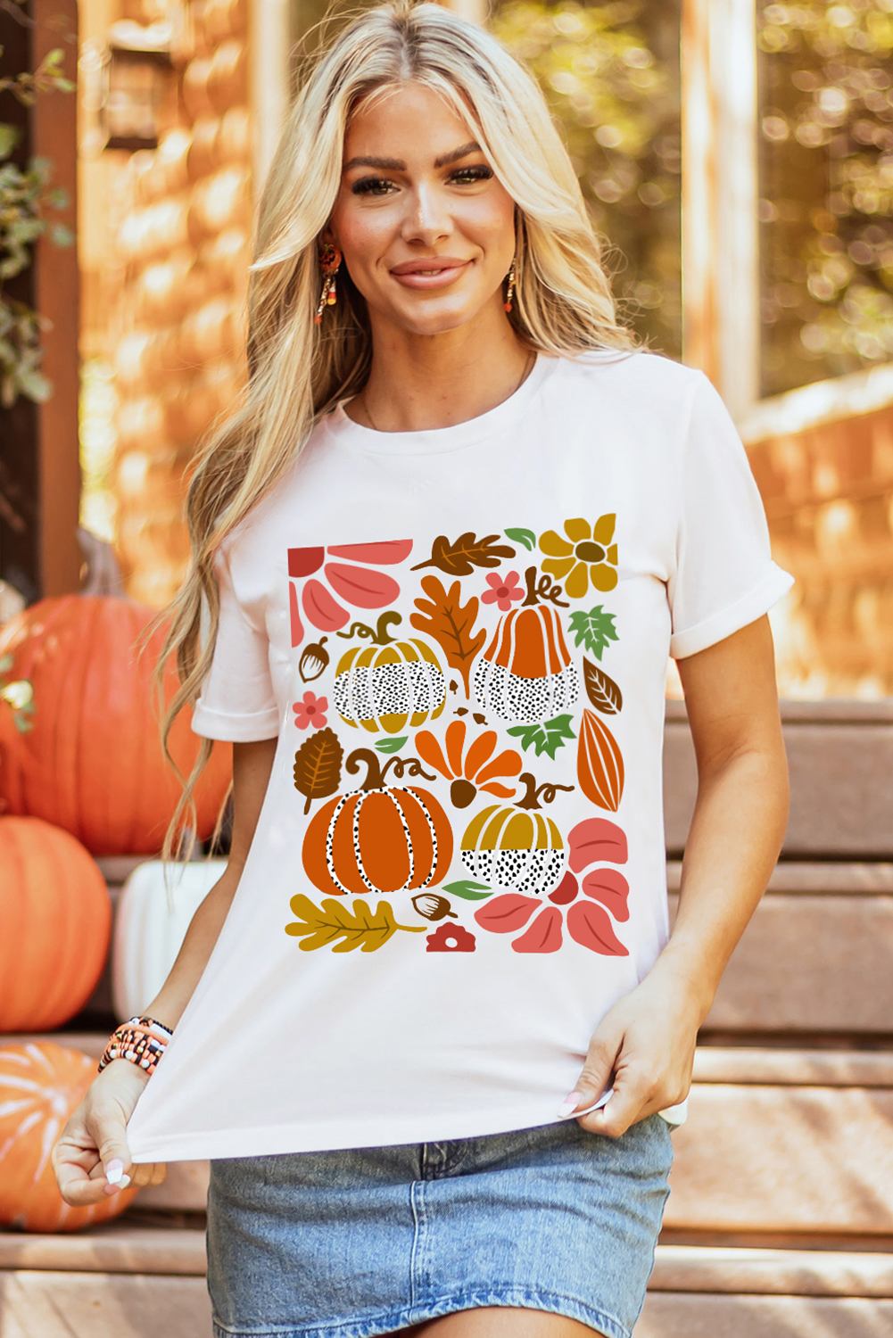 White Pumpkin Flower Print Fall Graphic Cotton Blend Tee - loveforevers