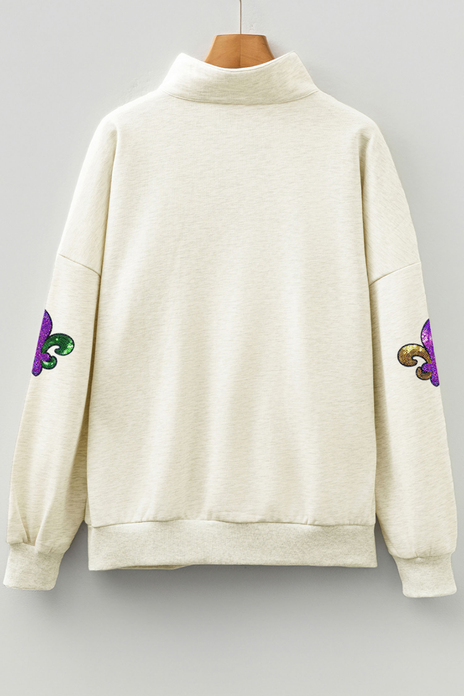 Light Grey Mardi Gras Sequined Pattern Contrast Zipped Collar Pullover Sweatshirt - loveforevers