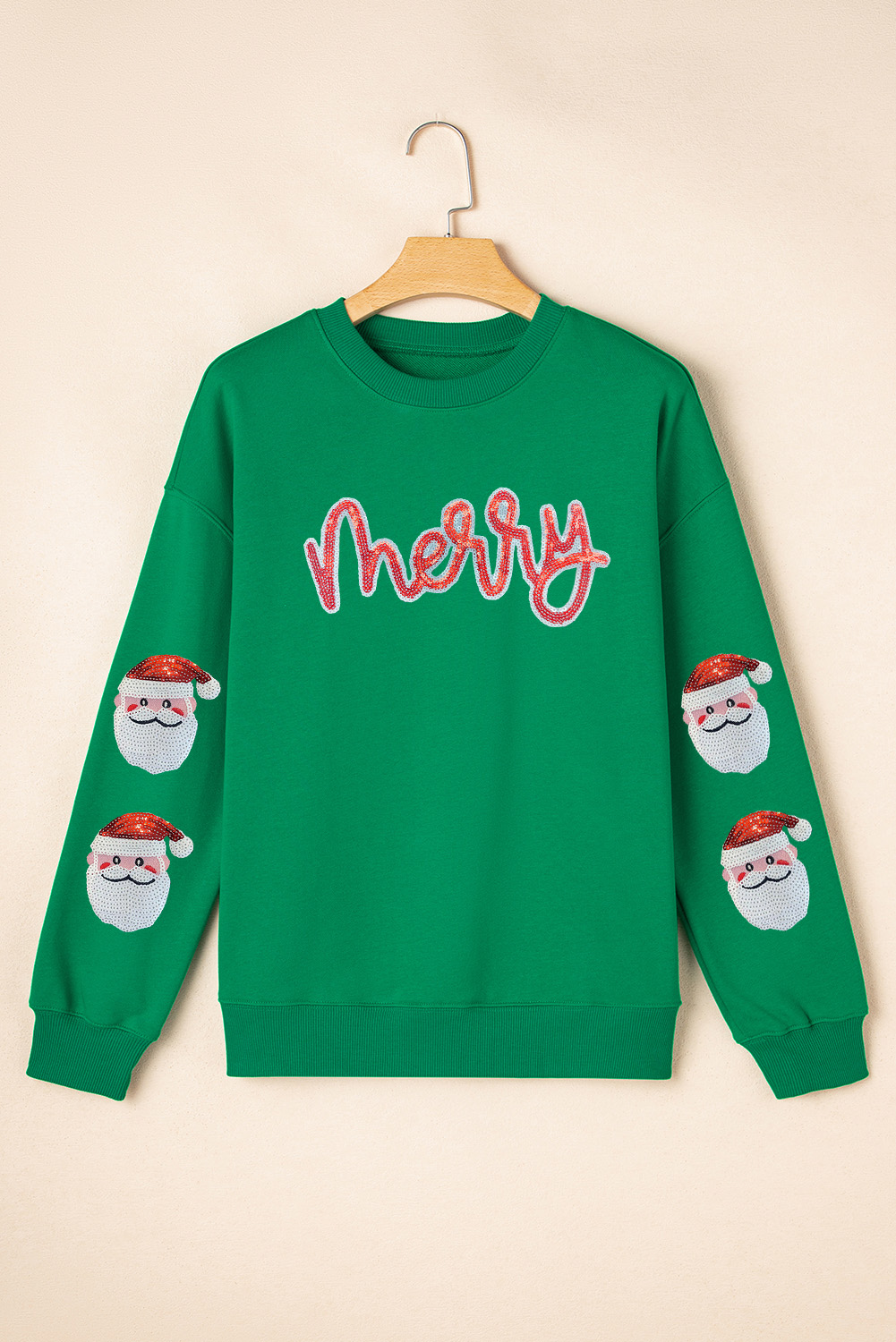 Dark Green Sequin Letter Graphic Father Christmas Patched Sleeve Drop Shoulder Sweatshirt - loveforevers