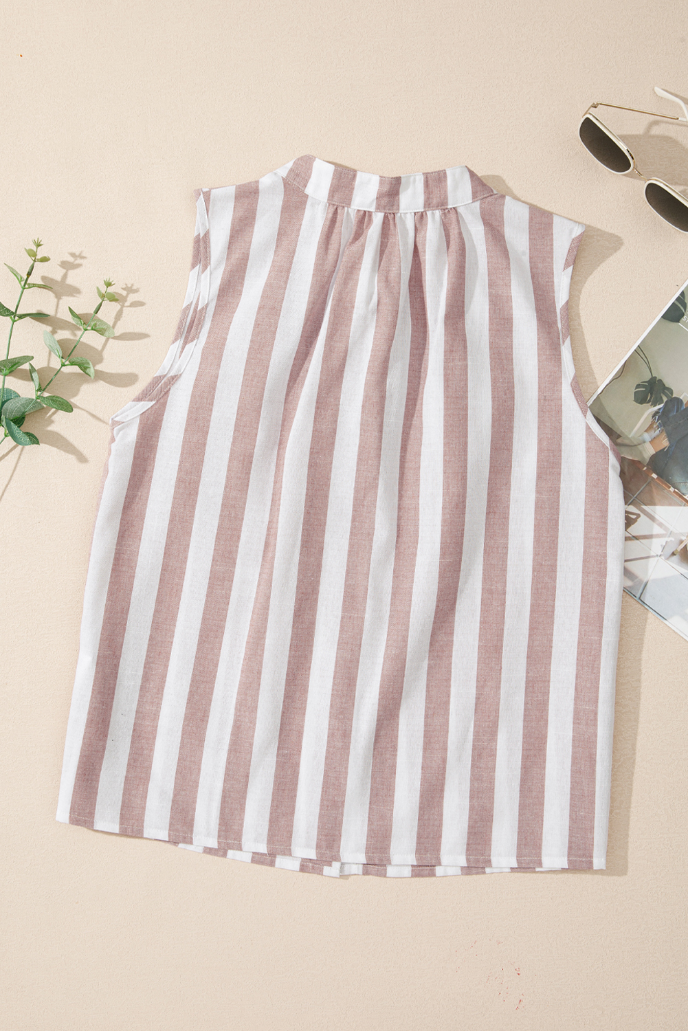 Khaki Stripe Casual Button Down Sleeveless Shirt - loveforevers
