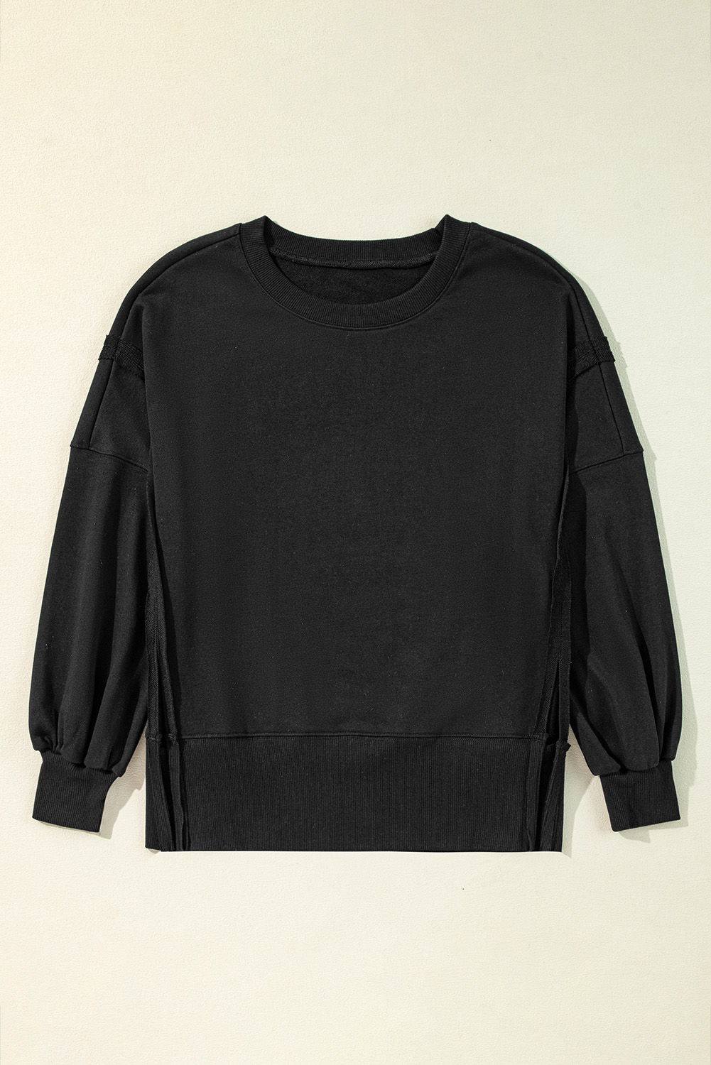 Black Exposed Seam Drop Shoulder Round Neck Sweatshirt with Slits - loveforevers