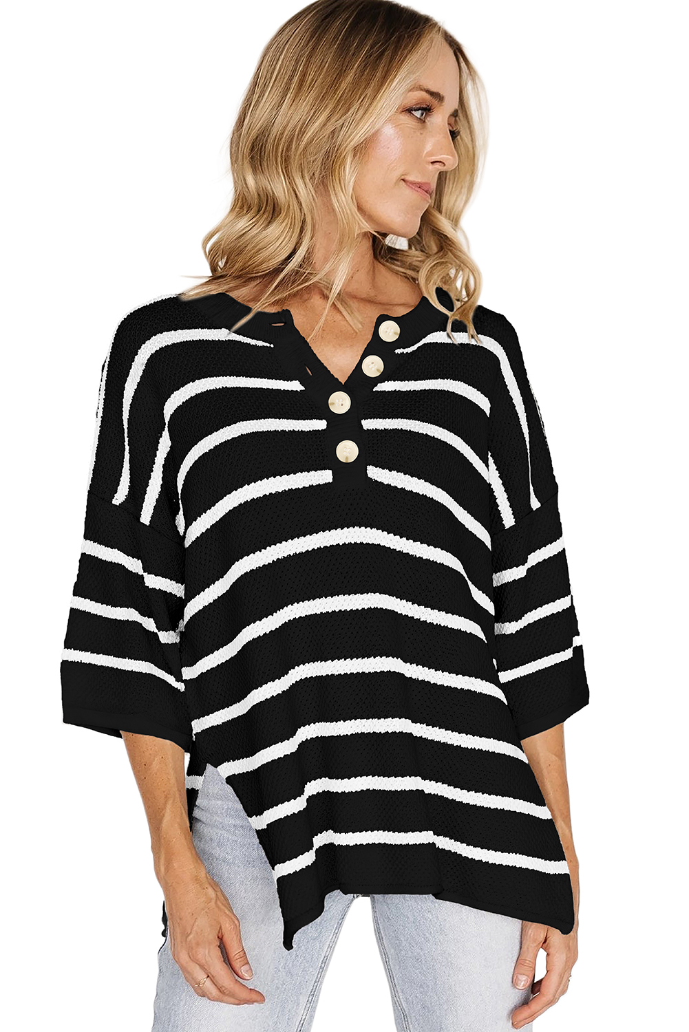 Black Stripe Henley Buttoned Placket Drop Shoulder Bracelet Sleeve Knit Sweater Tee - loveforevers