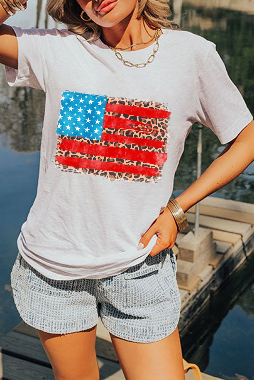 White Leopard Insert American Flag Pattern Cotton Blend T Shirt - loveforevers