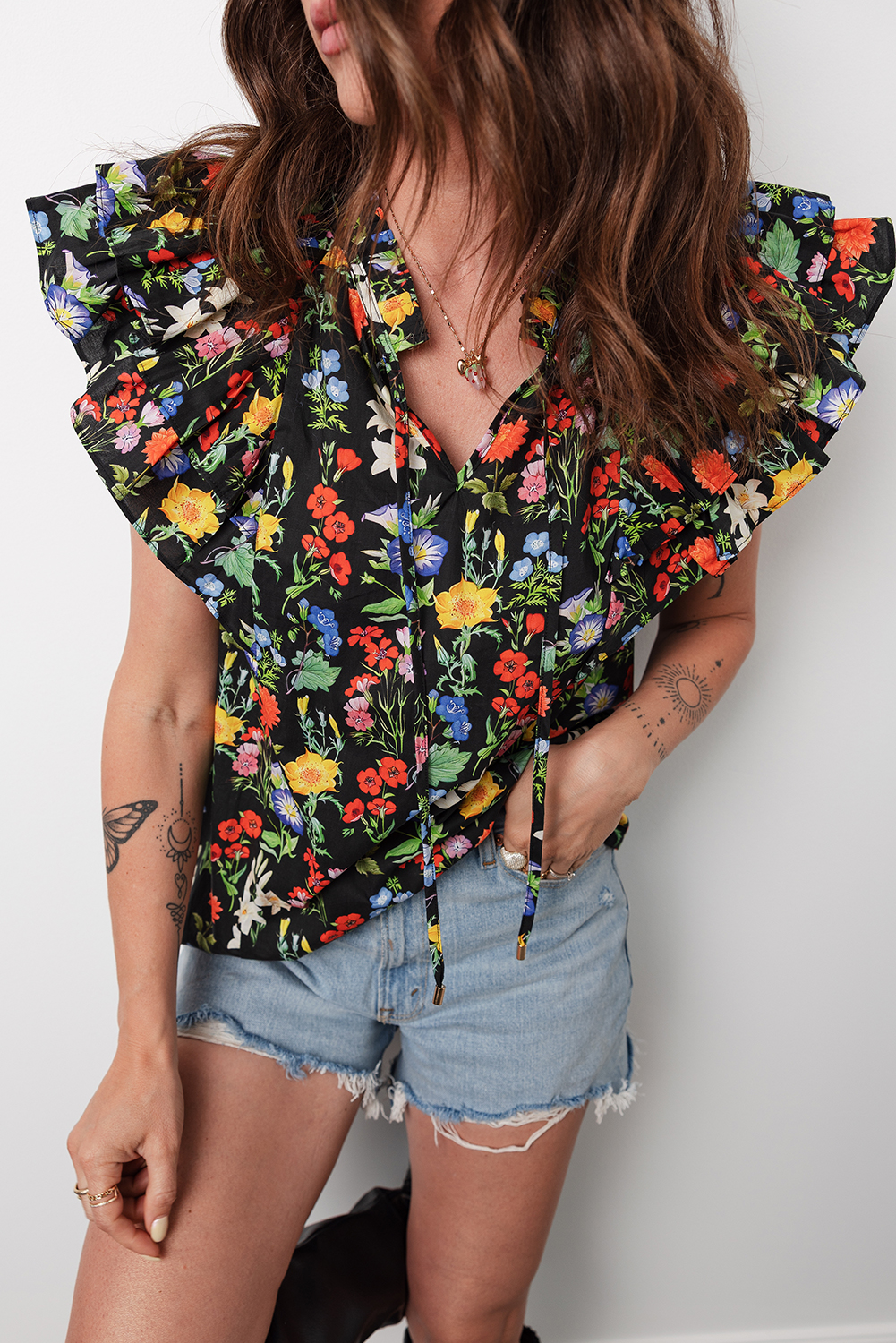 Black Tiered Flutter Sleeve V Neck Flower Blouse - loveforevers
