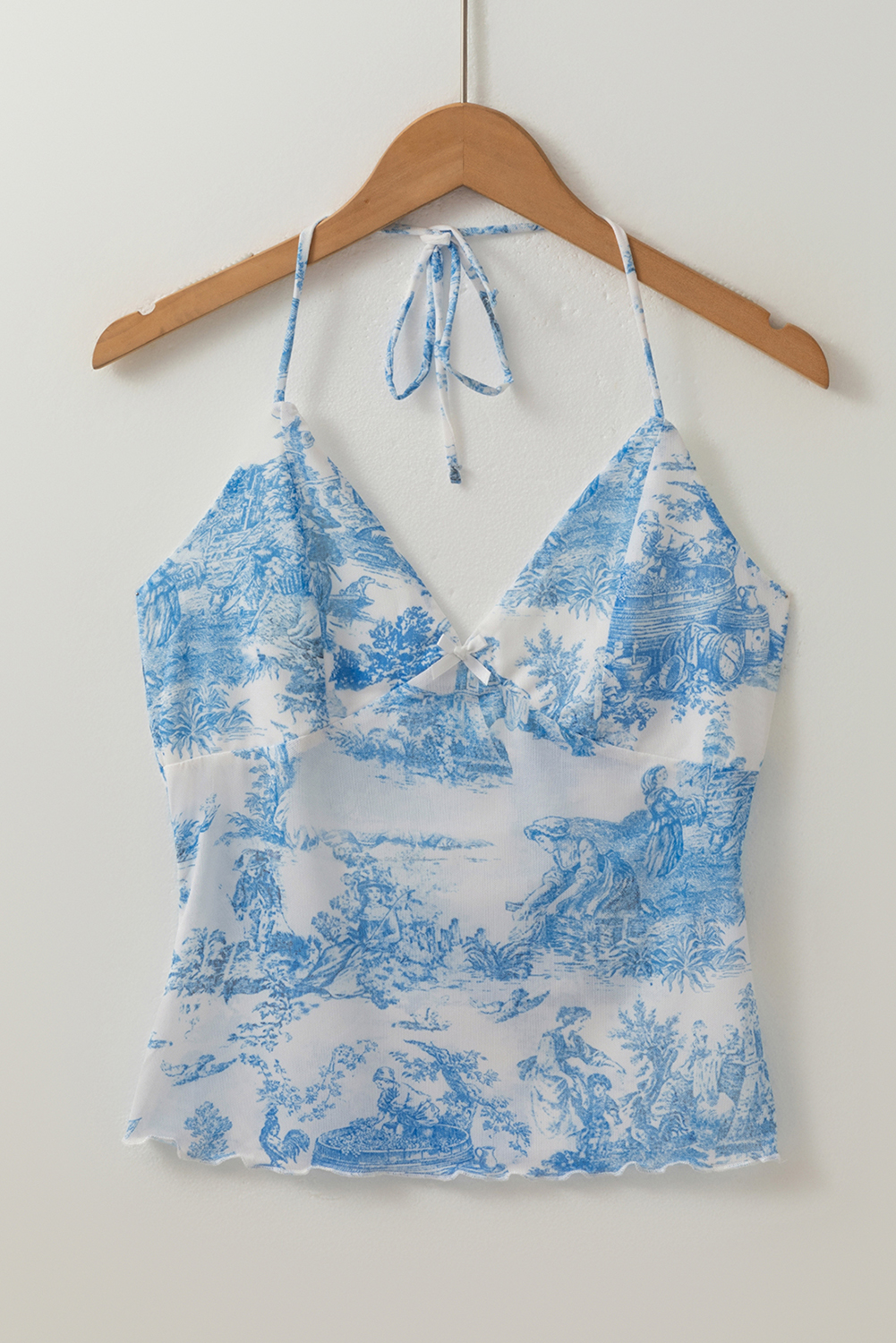 Sky Blue Random Printed Mesh Bow Detail Halterneck Tank Top - loveforevers