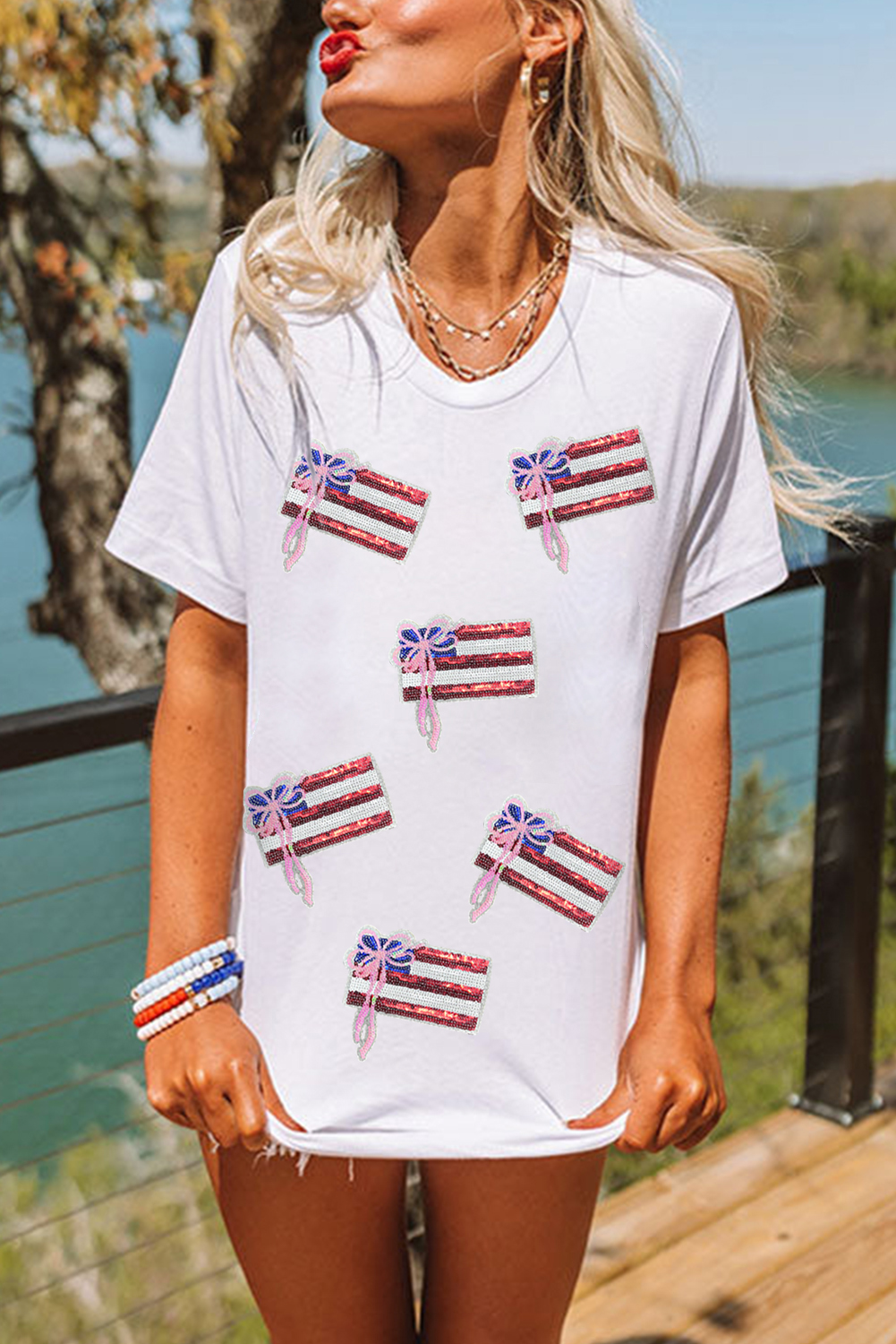 White Sequin Bow American Flag Patched T Shirt - loveforevers