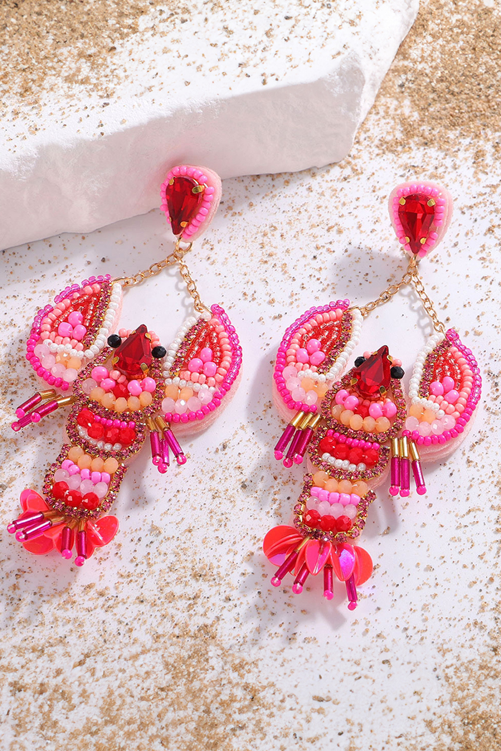 Rose Red Crystal Gem Beaded Crayfish Earrings - loveforevers