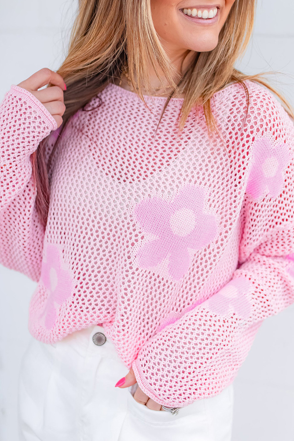 Light Pink Big Flower Hollowed Knit Drop Shoulder Sweater - loveforevers