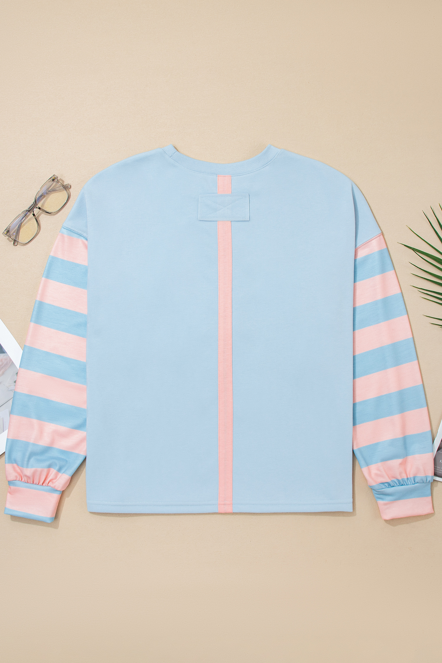 Beau Blue Big Flower Patch Drop Shoulder Striped Long Sleeve Top - loveforevers