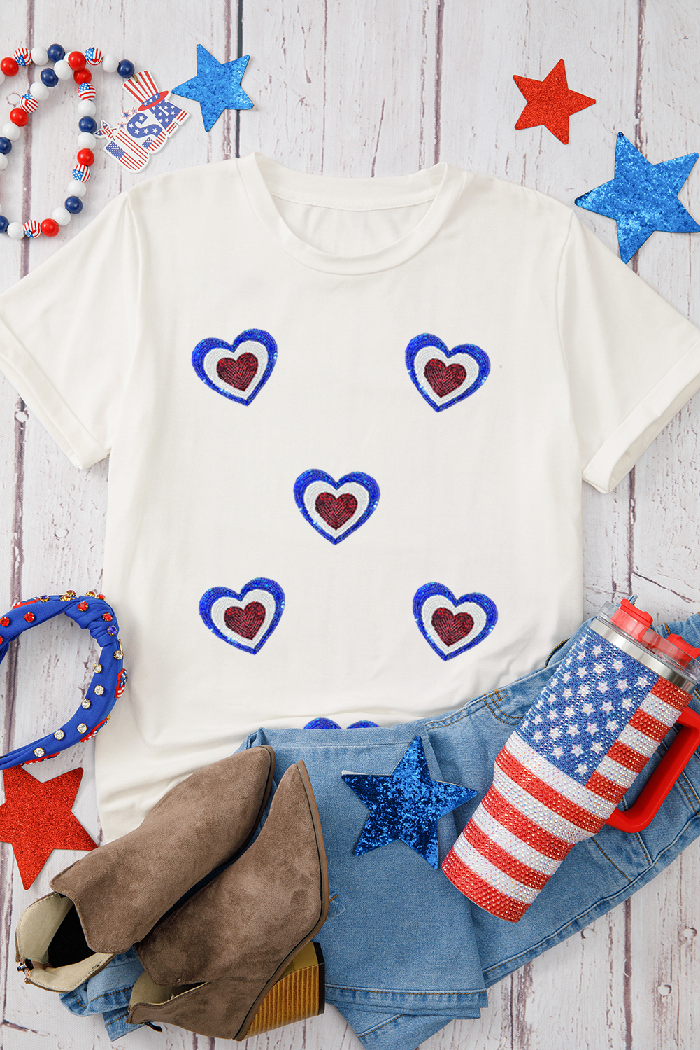 White Sequin Patriotic Heart Graphic Crewneck T Shirt - loveforevers