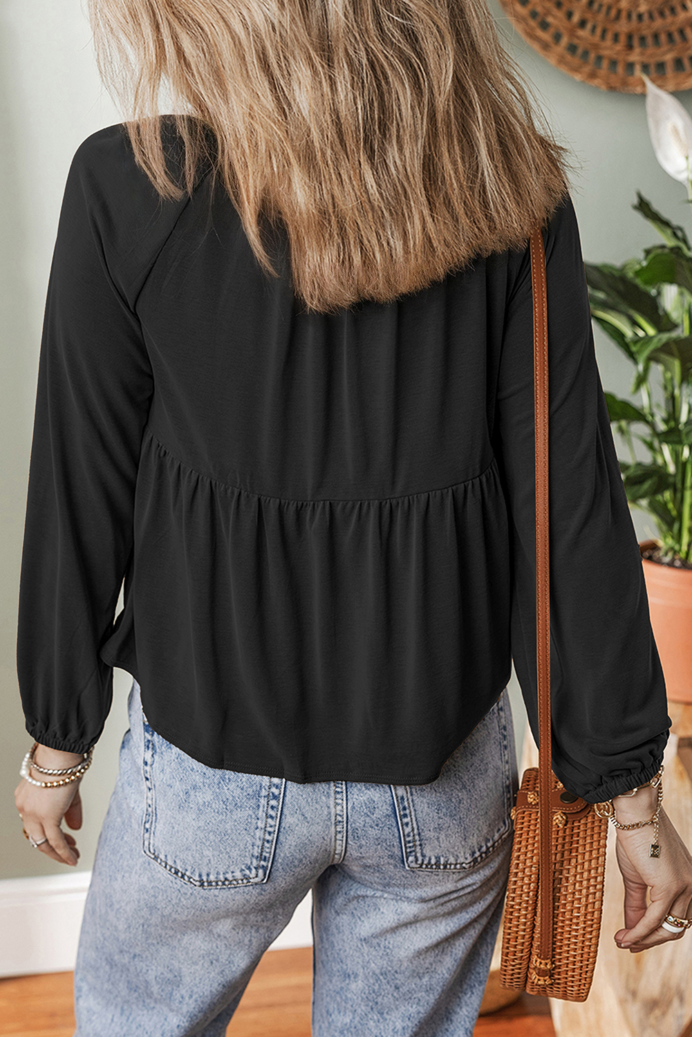 Black Smocked Bust Buttoned Split V Neck Flow Fit Blouse - loveforevers