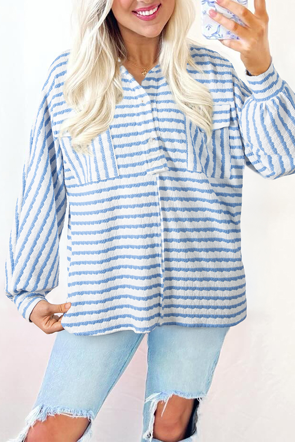 Sky Blue Stripe Half Button Collared Chest Pockets Loose Fit Blouse - loveforevers