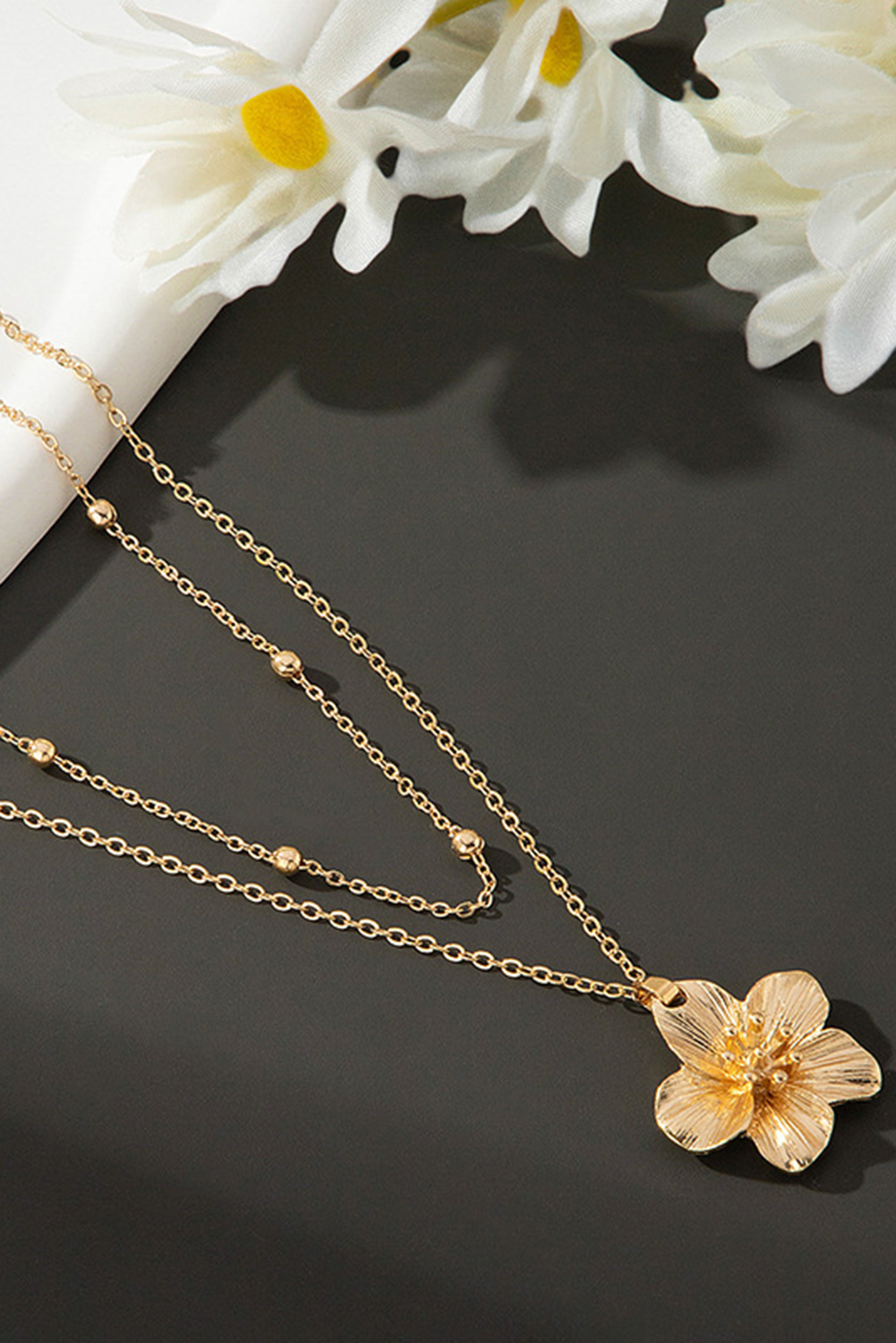 Gold Flower Pendant Beaded Double Chain Plated Necklace - loveforevers