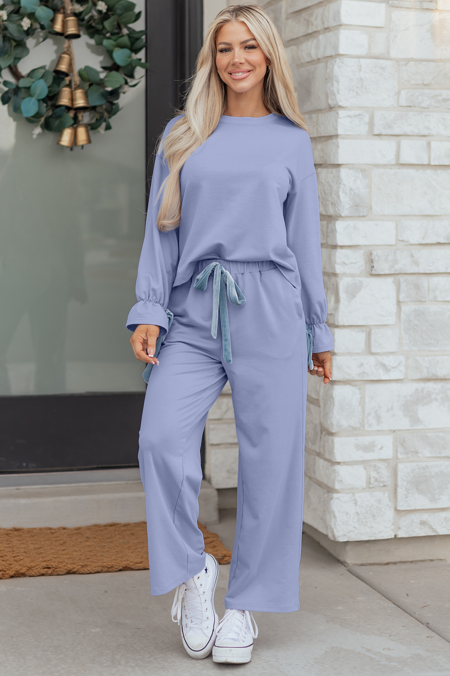 Beau Blue Flounce Long Sleeve Top Drawstring Pants Contrast Velvet Bow Knot 2pcs Lounge Set - loveforevers