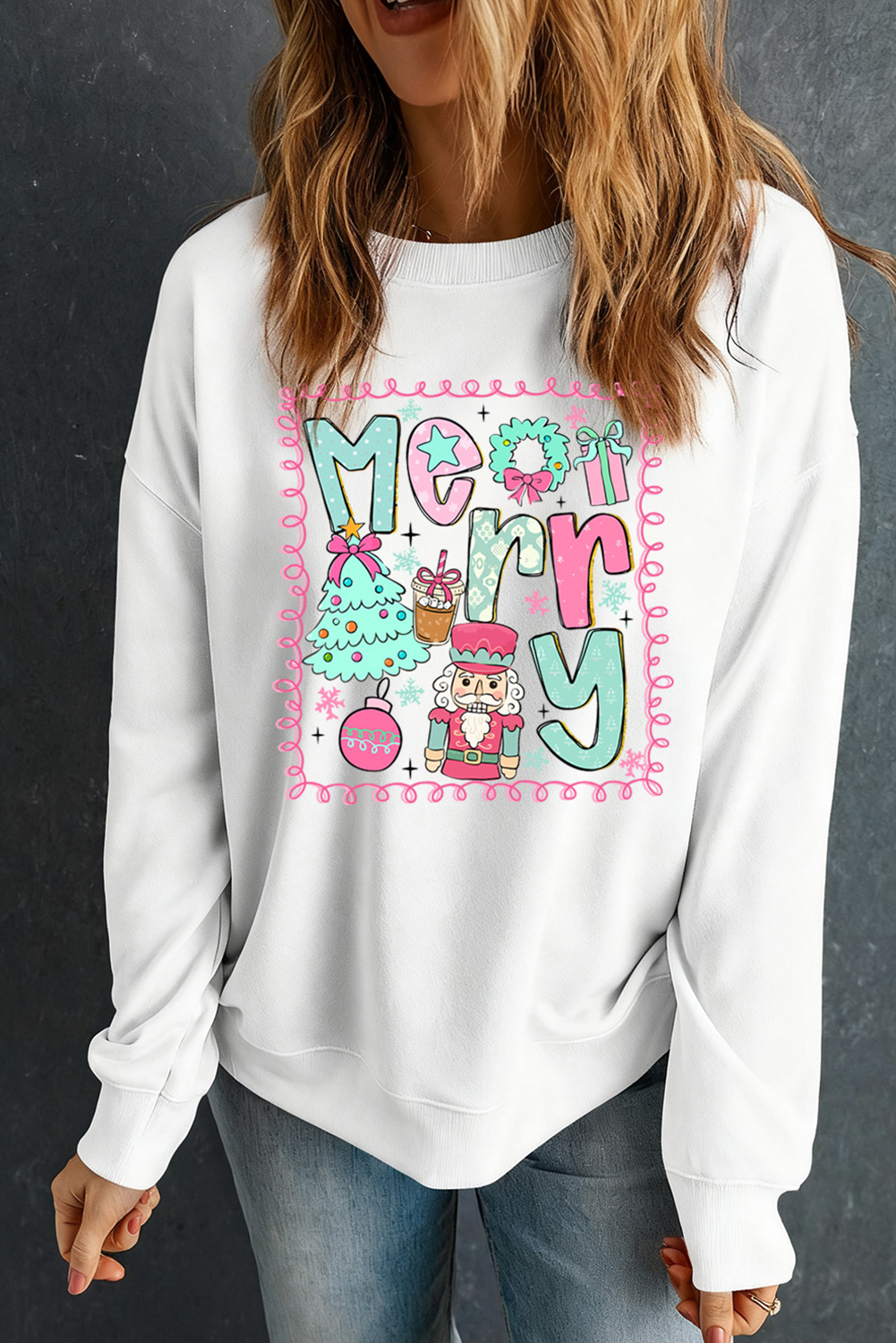 White Merry Christmas Fashion Print Cotton Blend Sweatshirt - loveforevers