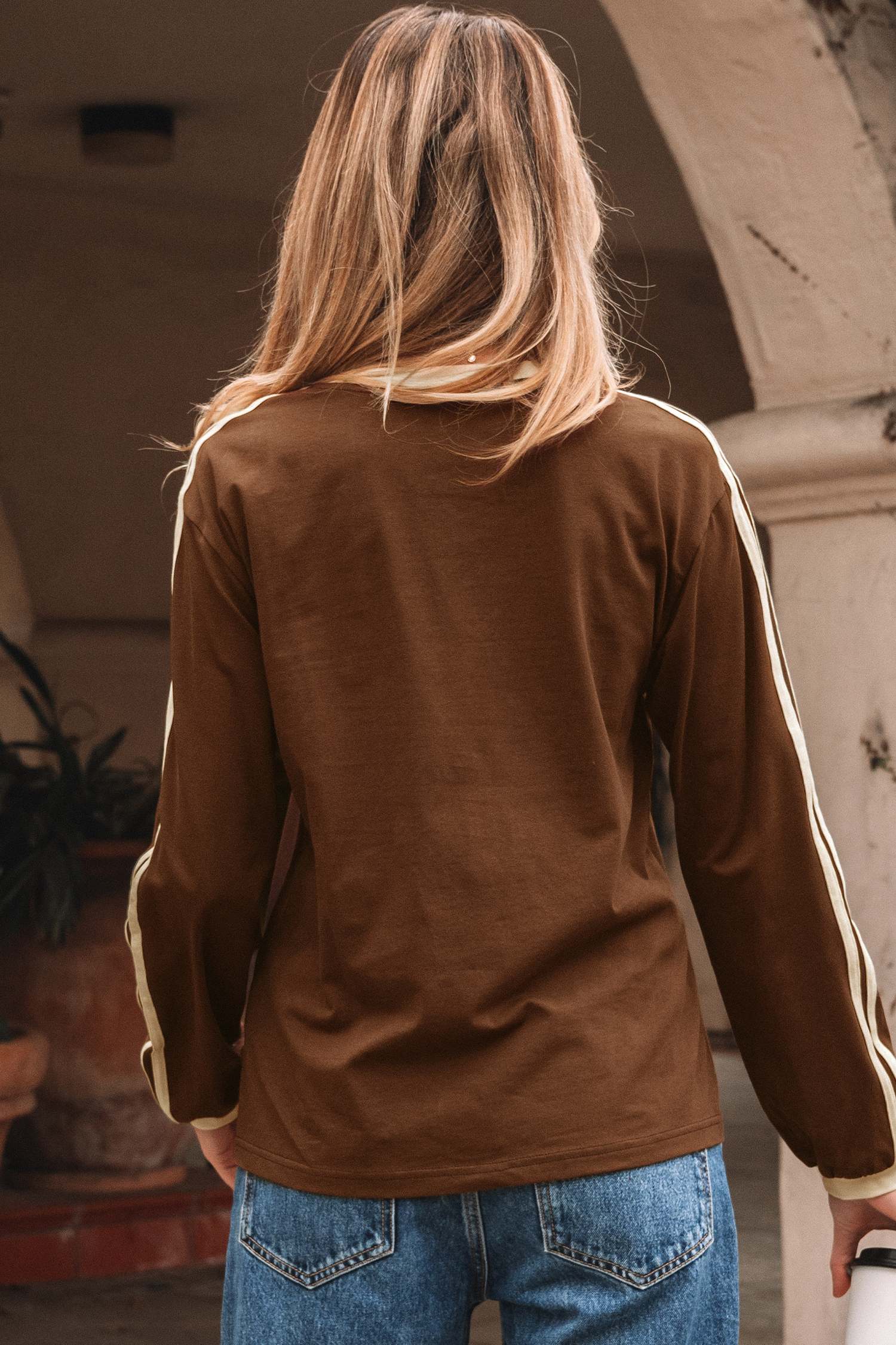 Dark Brown Varsity Striped Accent Contrast Crew Neck Long Sleeve T Shirt - loveforevers