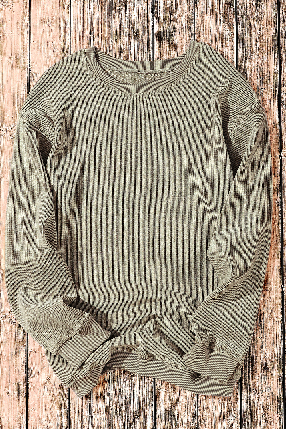 Pink Solid Ribbed Knit Round Neck Pullover Sweatshirt - loveforevers