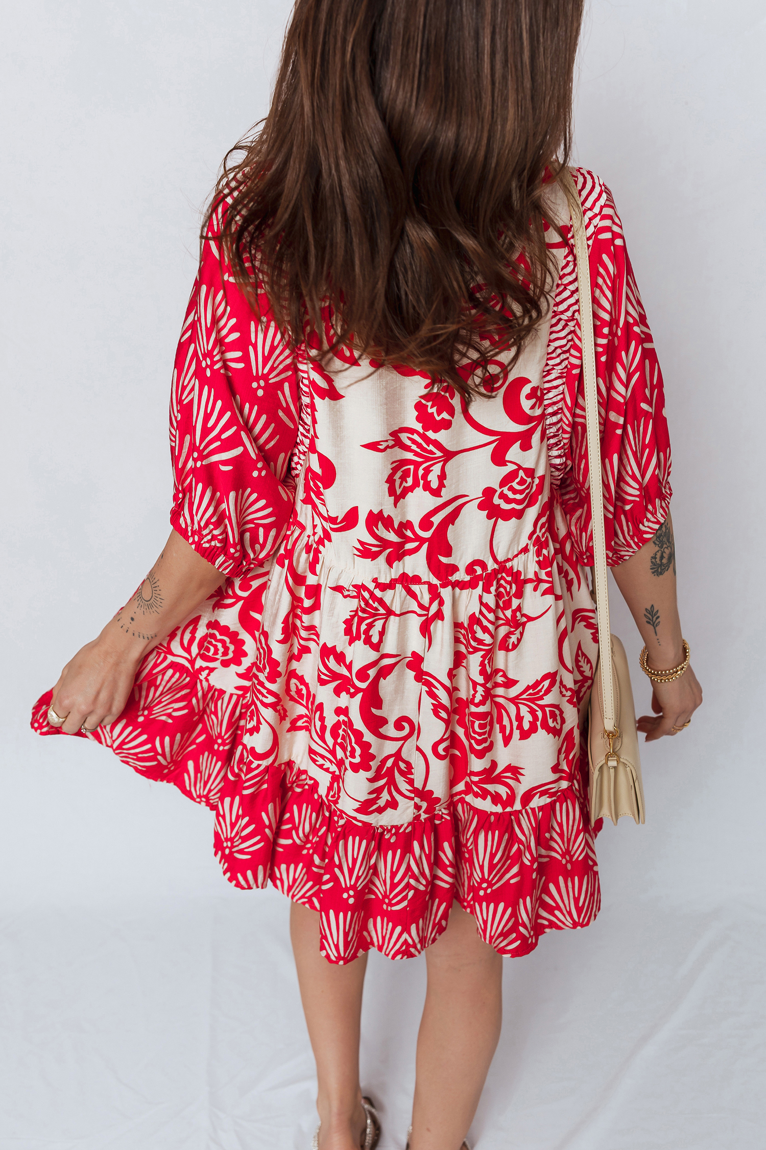 Red Collared V Neck Half Sleeve Loose Flower Mini Dress - loveforevers