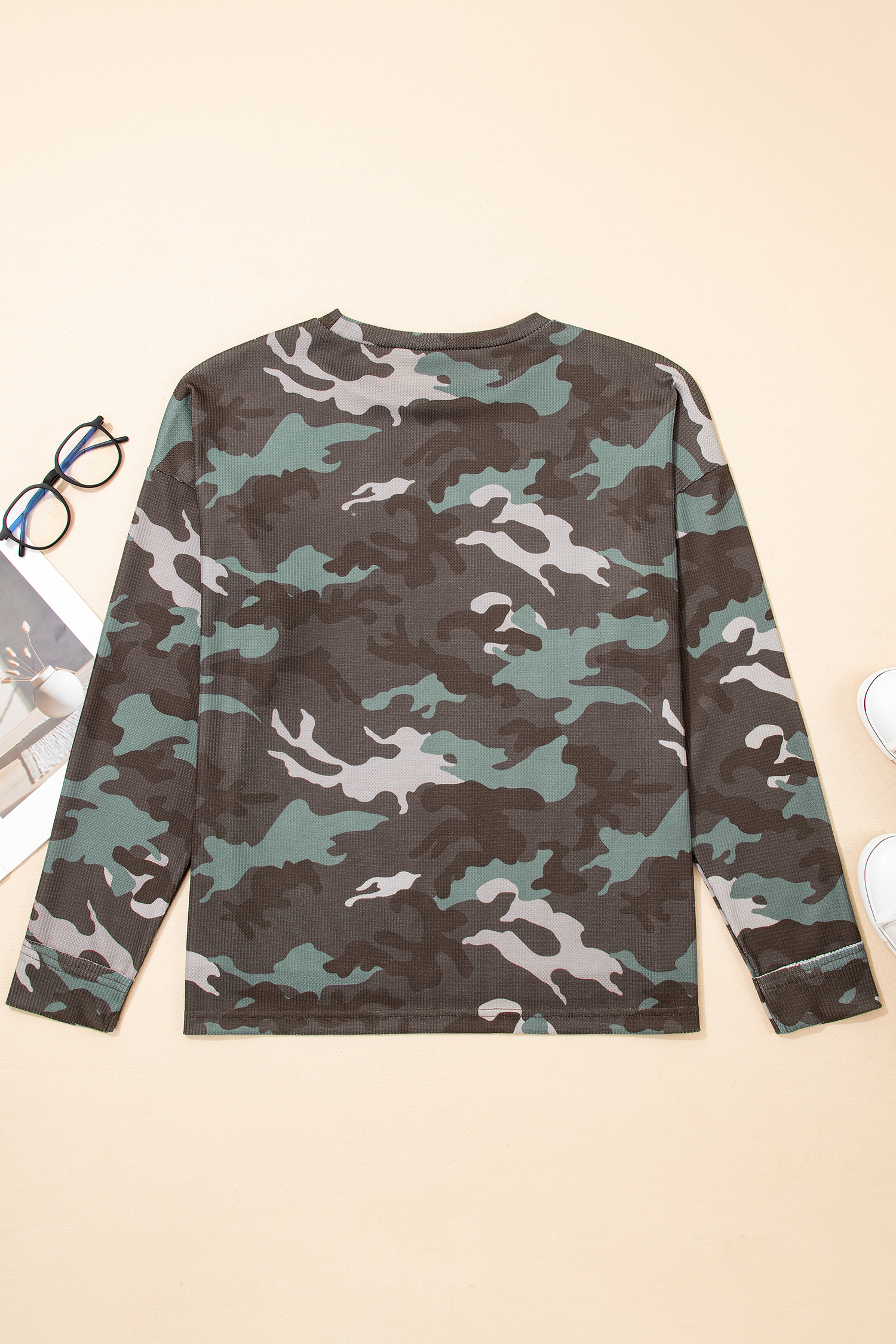 Green Camouflage Print Textured Drop Shoulder Long Sleeve Top - loveforevers
