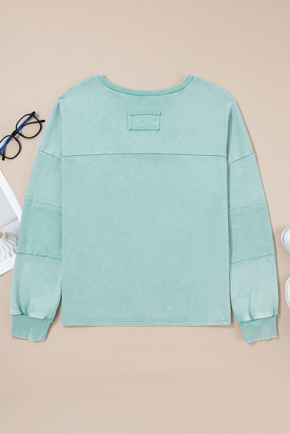 Mist Blue Mineral Wash Exposed Seam Buttoned V Neck Pullover Top - loveforevers