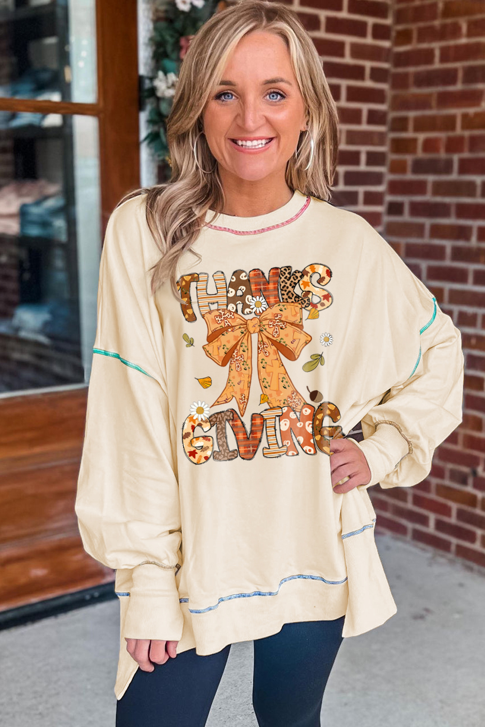 White THANKSGIVING Playful Ribbon Bow Printed Contrast Trim Baggy Sweatshirt - loveforevers