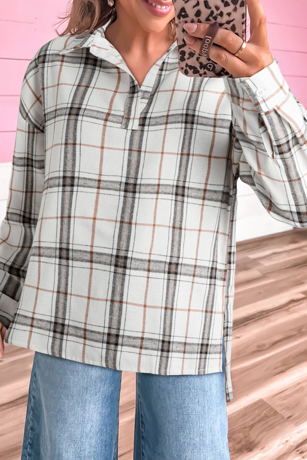 Red Plaid Print Collared V Neck Loose Blouse with Side Slits - loveforevers