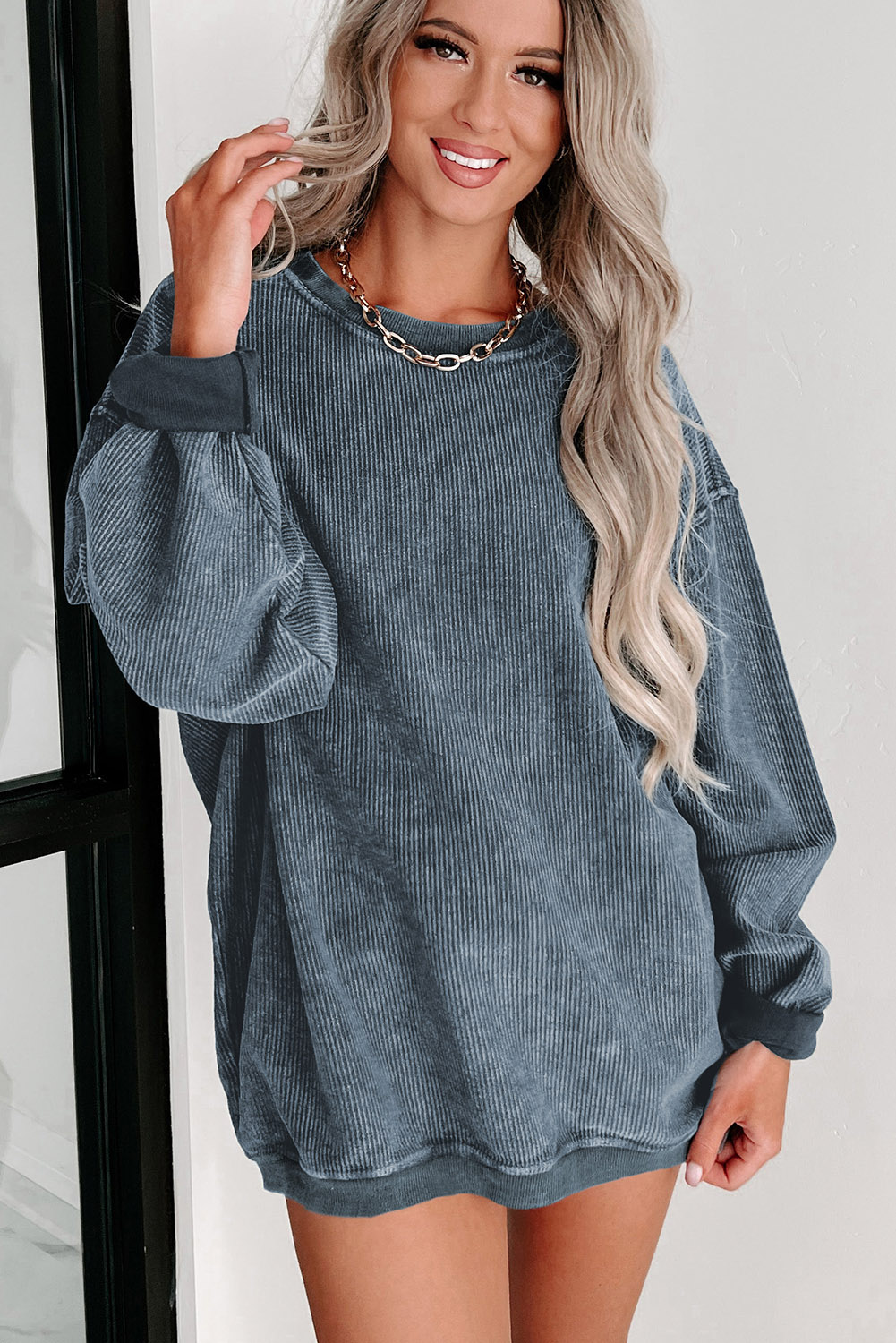 Pink Solid Ribbed Knit Round Neck Pullover Sweatshirt - loveforevers