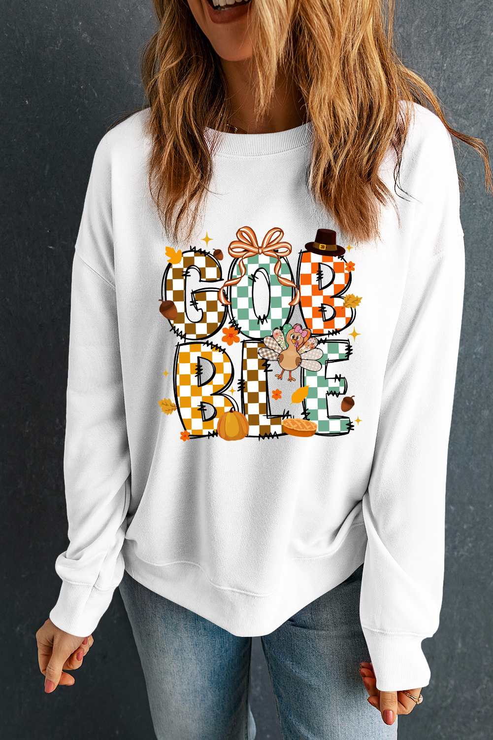 White GOBBLE Checkered Letter Print Thanksgiving Turkey Graphic Sweatshirt - loveforevers